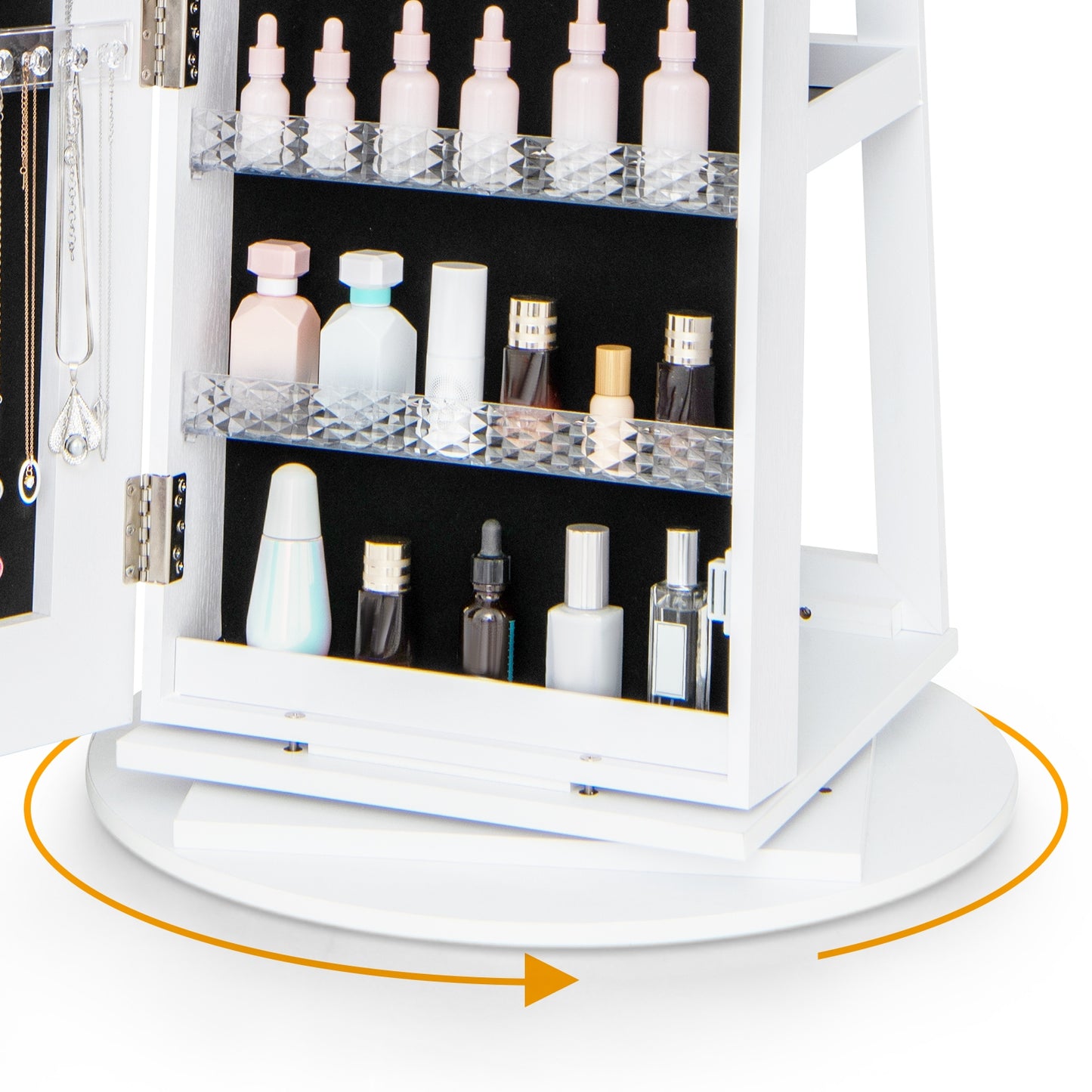 4-in-1 Standing Jewelry Cabinet with Full-Length LED Mirror, Lockable Storage, Rotating Base and Foldable Vanity Shelf – White
