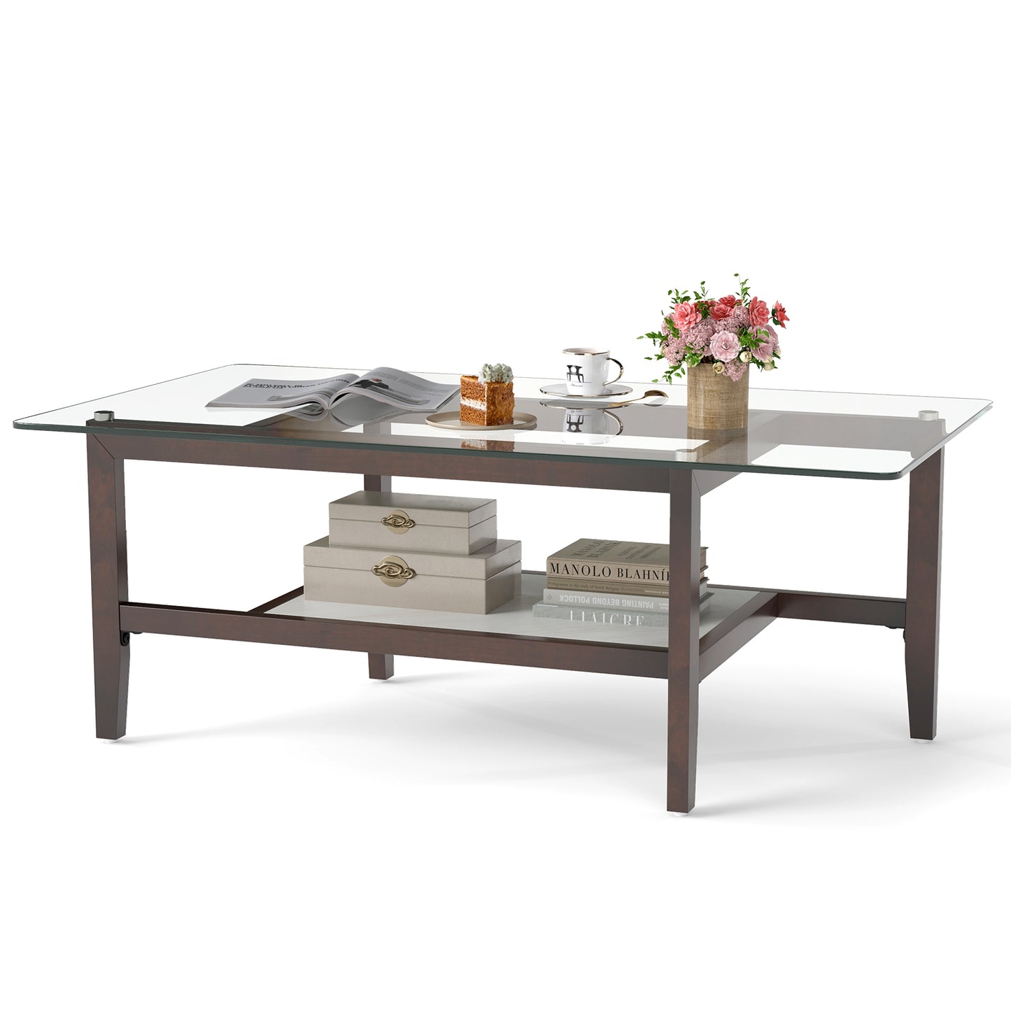 2 Tier Rectangular Coffee Table with Clear Tempered Glass and Open Shelf