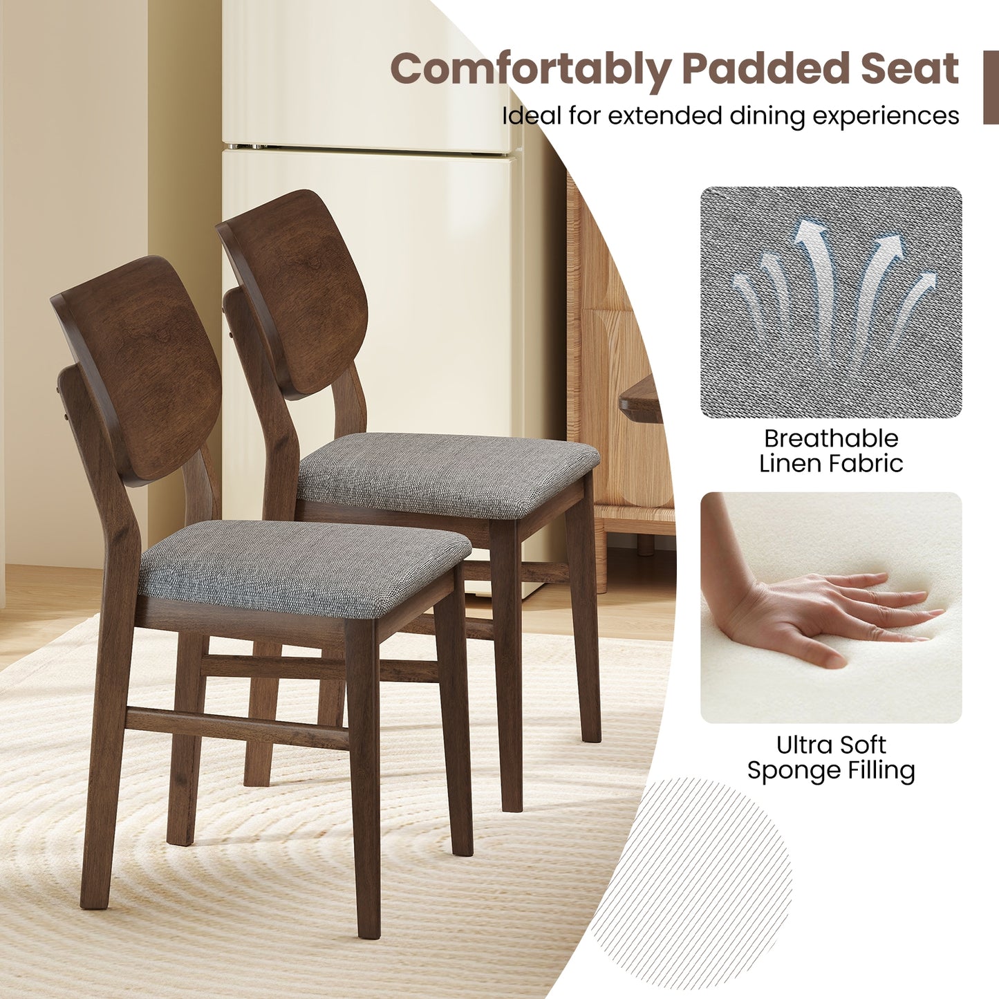 Set of 2 Farmhouse Upholstered Dining Chairs with Rubber Wood Frame – Grey