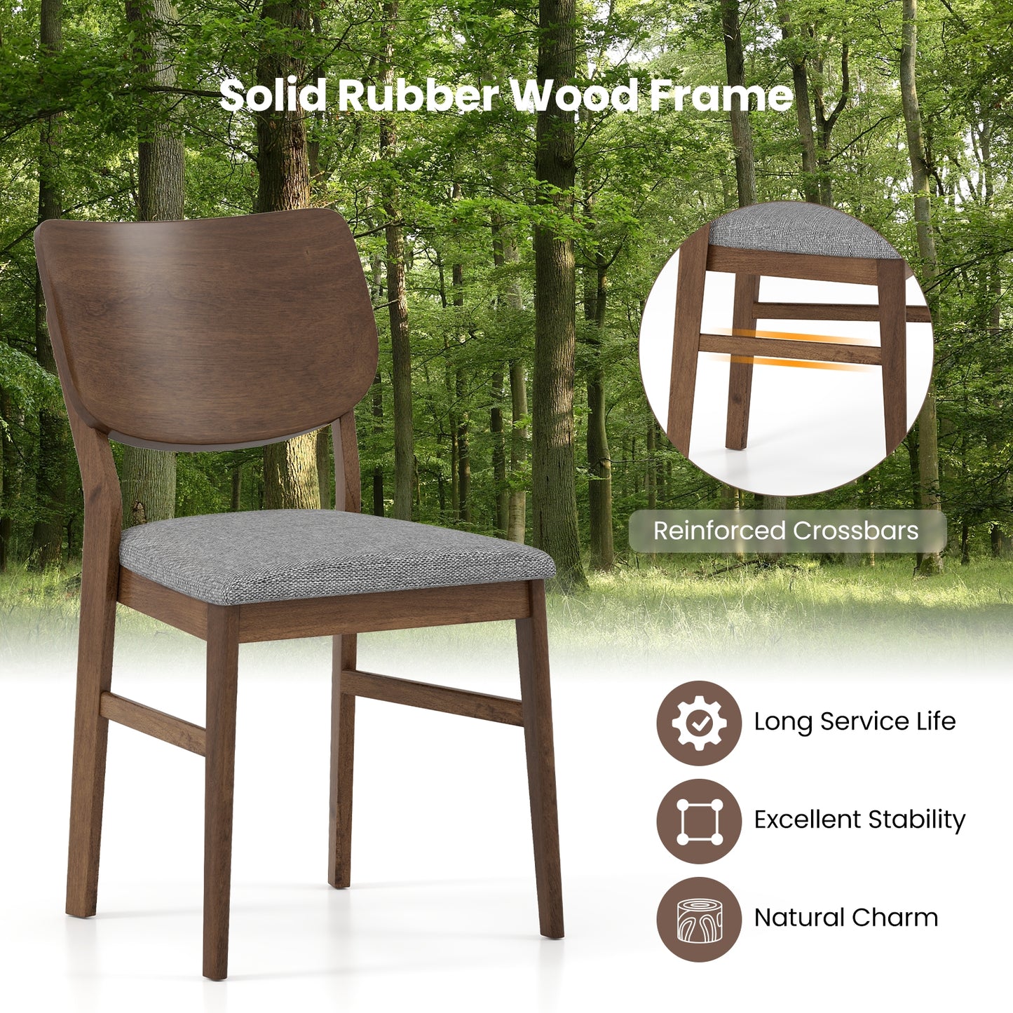 Set of 2 Farmhouse Upholstered Dining Chairs with Rubber Wood Frame – Grey