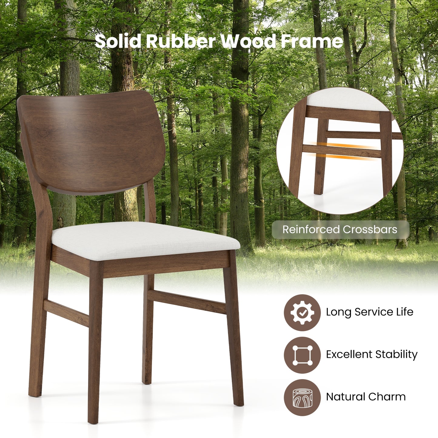 Set of 2 Farmhouse Upholstered Dining Chairs with Rubber Wood Frame – White