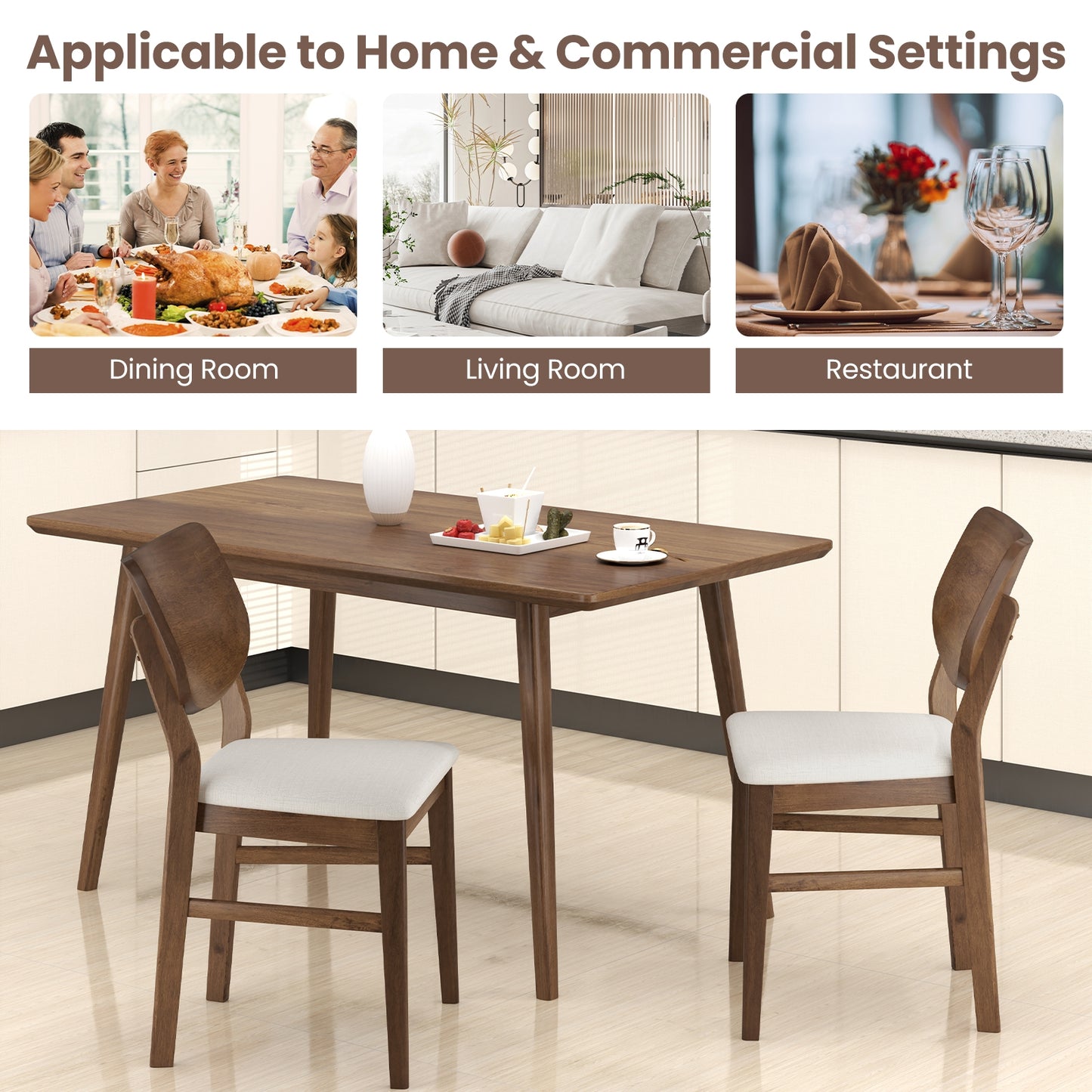 Set of 2 Farmhouse Upholstered Dining Chairs with Rubber Wood Frame – White