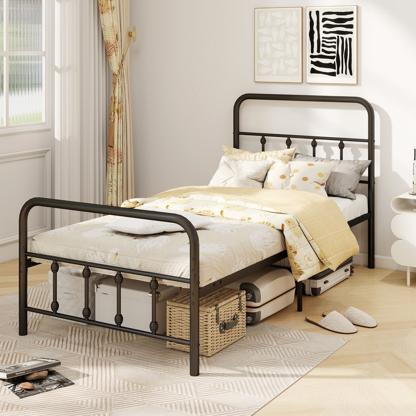 Victorian Style Metal Bed Frame with Headboard and 12.5" Underbed Storage – Twin Size