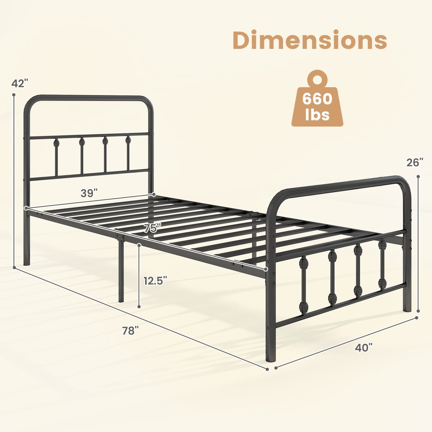Victorian Style Metal Bed Frame with Headboard and 12.5" Underbed Storage – Twin Size