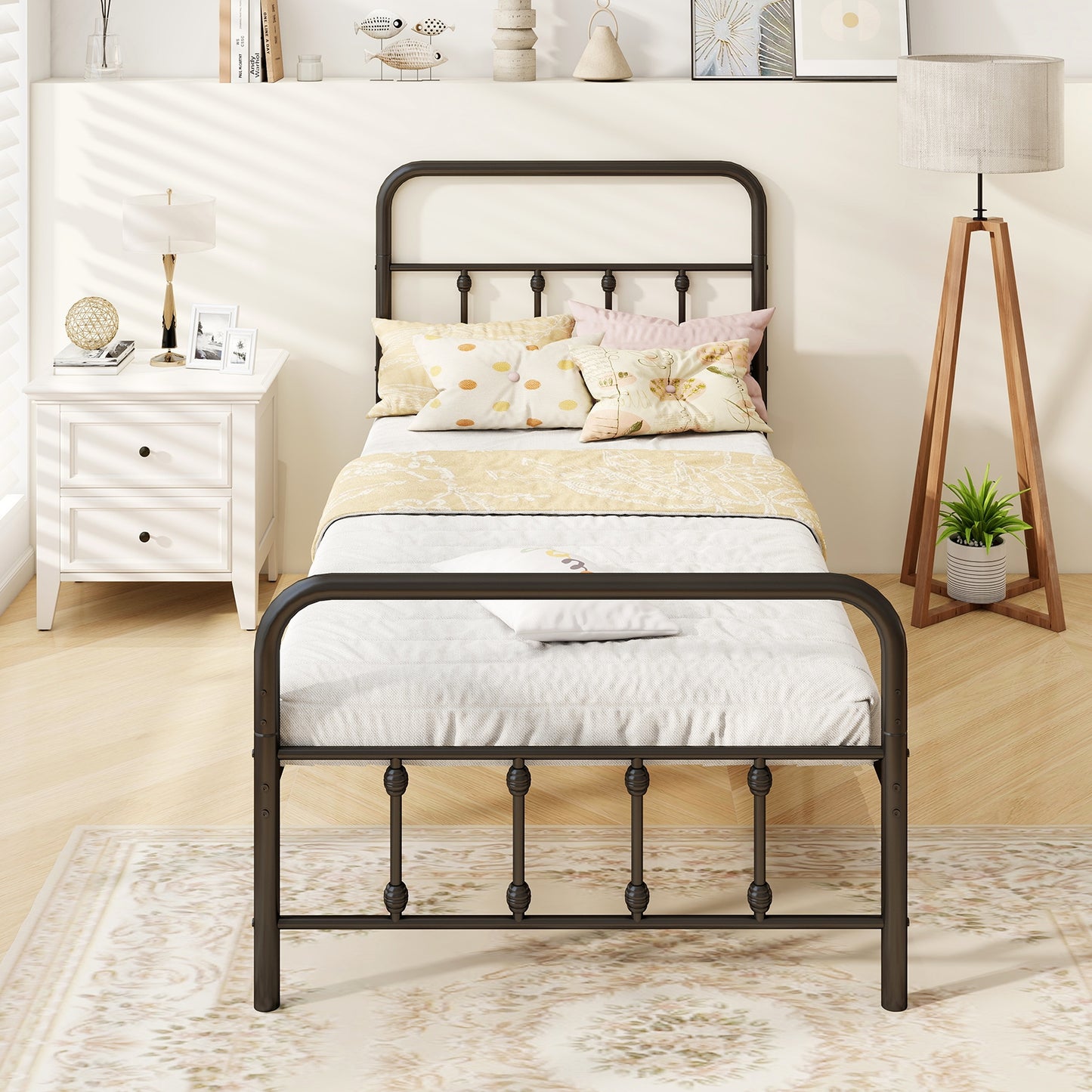 Victorian Style Metal Bed Frame with Headboard and 12.5" Underbed Storage – Twin Size