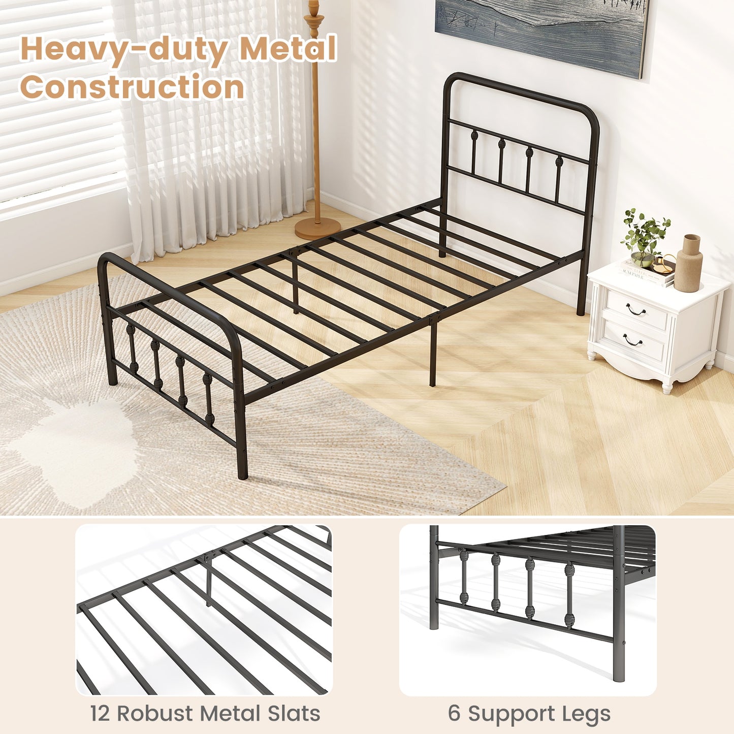 Victorian Style Metal Bed Frame with Headboard and 12.5" Underbed Storage – Twin Size