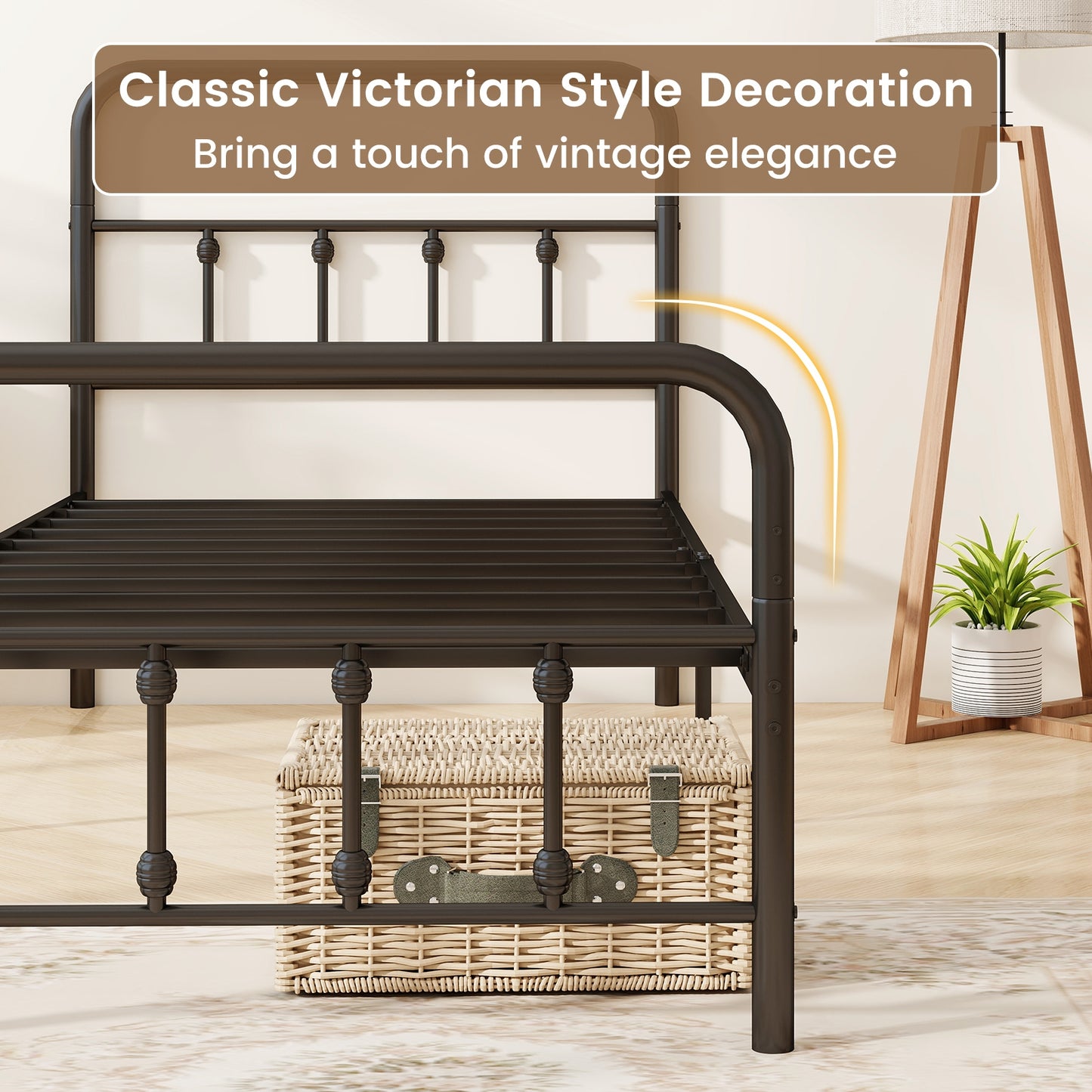 Victorian Style Metal Bed Frame with Headboard and 12.5" Underbed Storage – Twin Size