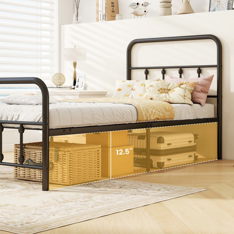 Victorian Style Metal Bed Frame with Headboard and 12.5" Underbed Storage – Twin Size