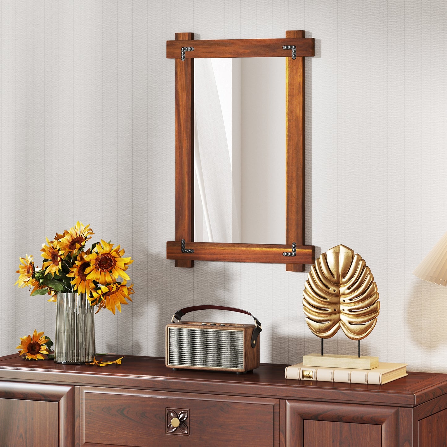 40" x 28.5" Rustic Wood Framed Mirror with Acacia Wood and Vintage Rivet Detailing in Brown