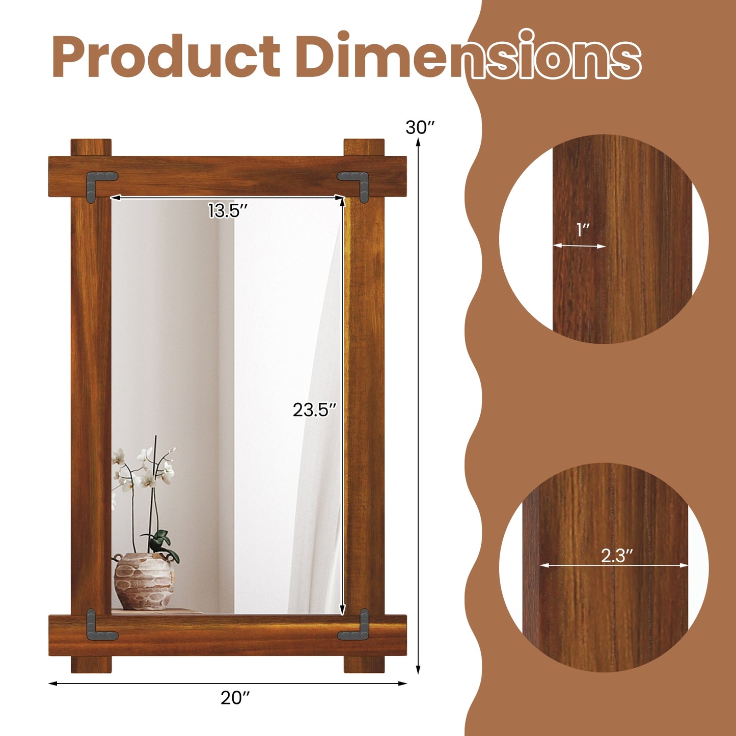 40" x 28.5" Rustic Wood Framed Mirror with Acacia Wood and Vintage Rivet Detailing in Brown