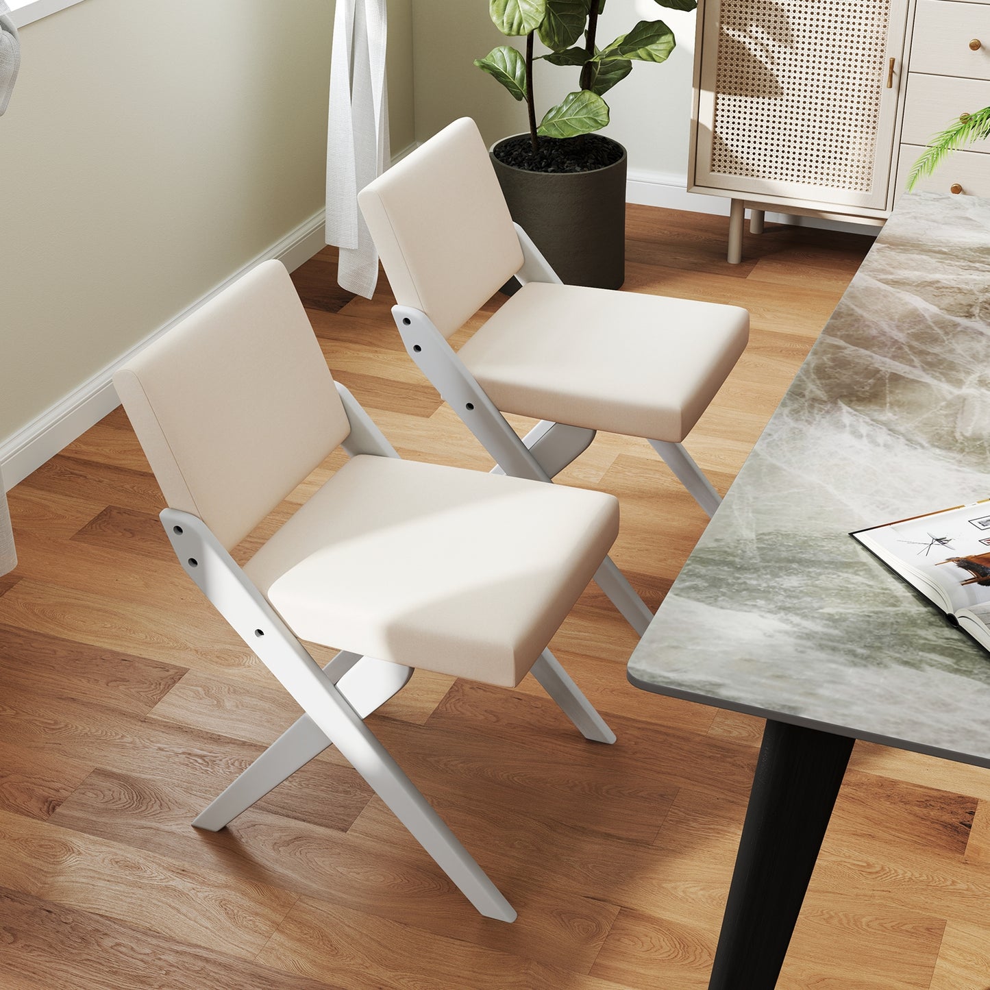 Set of 2 Wooden Dining Chairs with Padded Cushions and Rubber Wood Frame