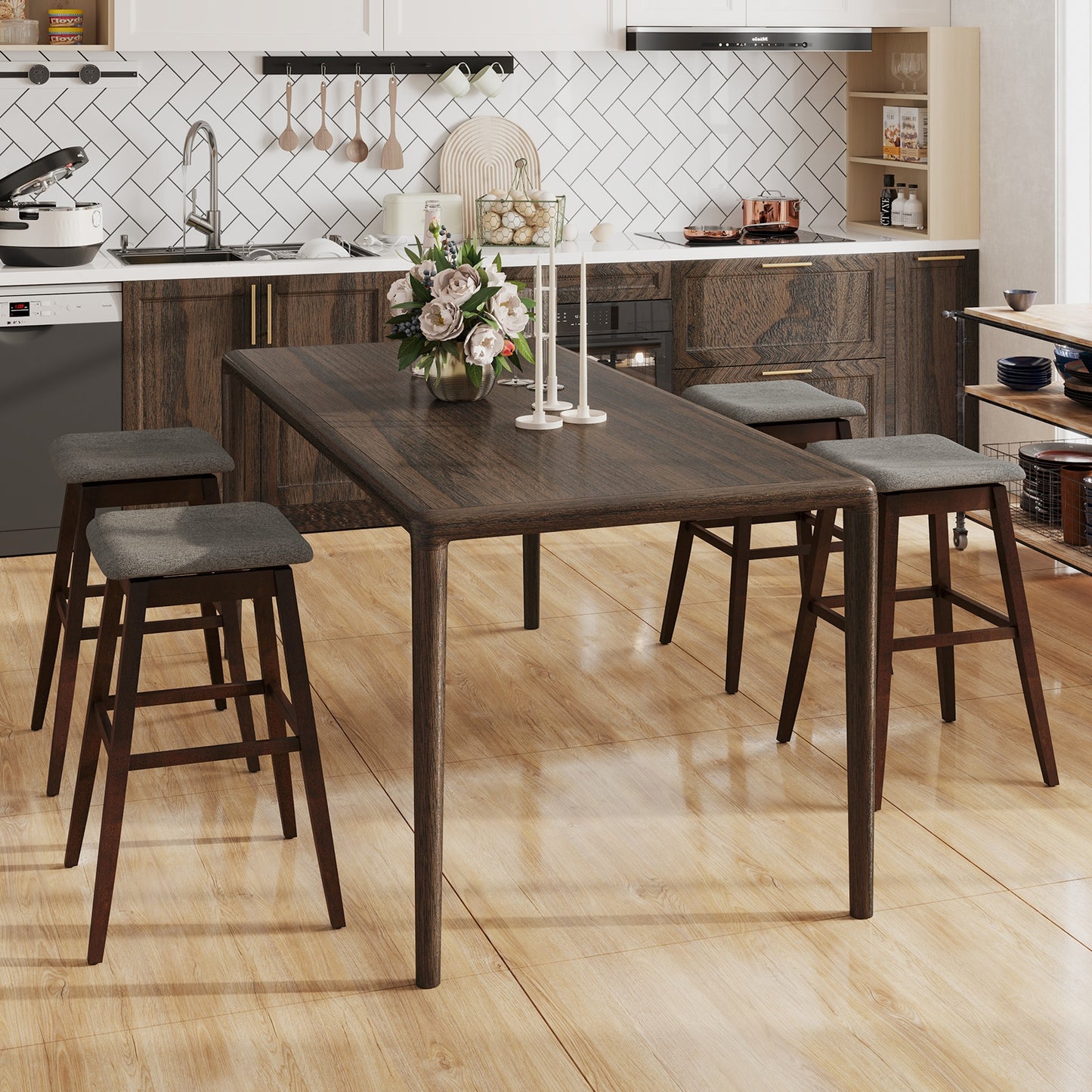 Modern Swivel Bar Stools with Rubber Wood Legs and Built In Footrest Set of 2