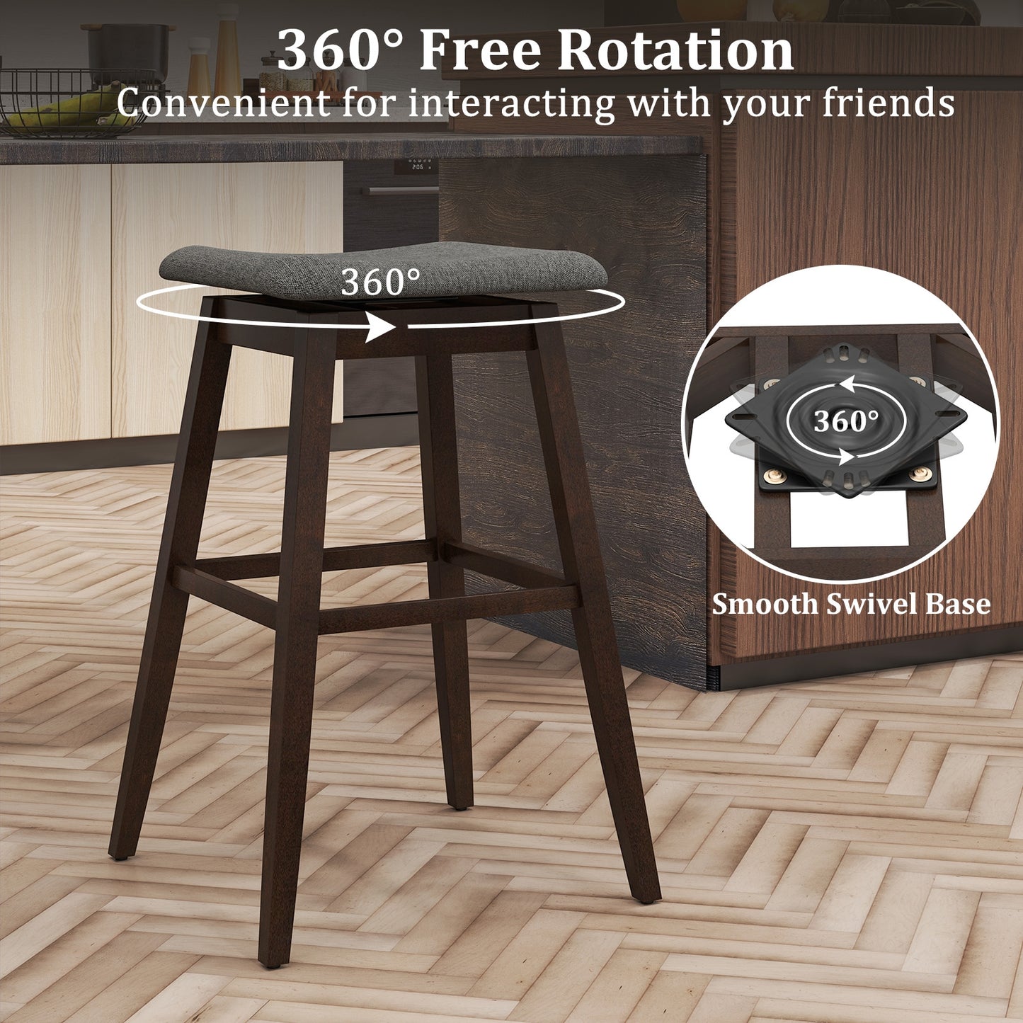 Modern Swivel Bar Stools with Rubber Wood Legs and Built In Footrest Set of 2
