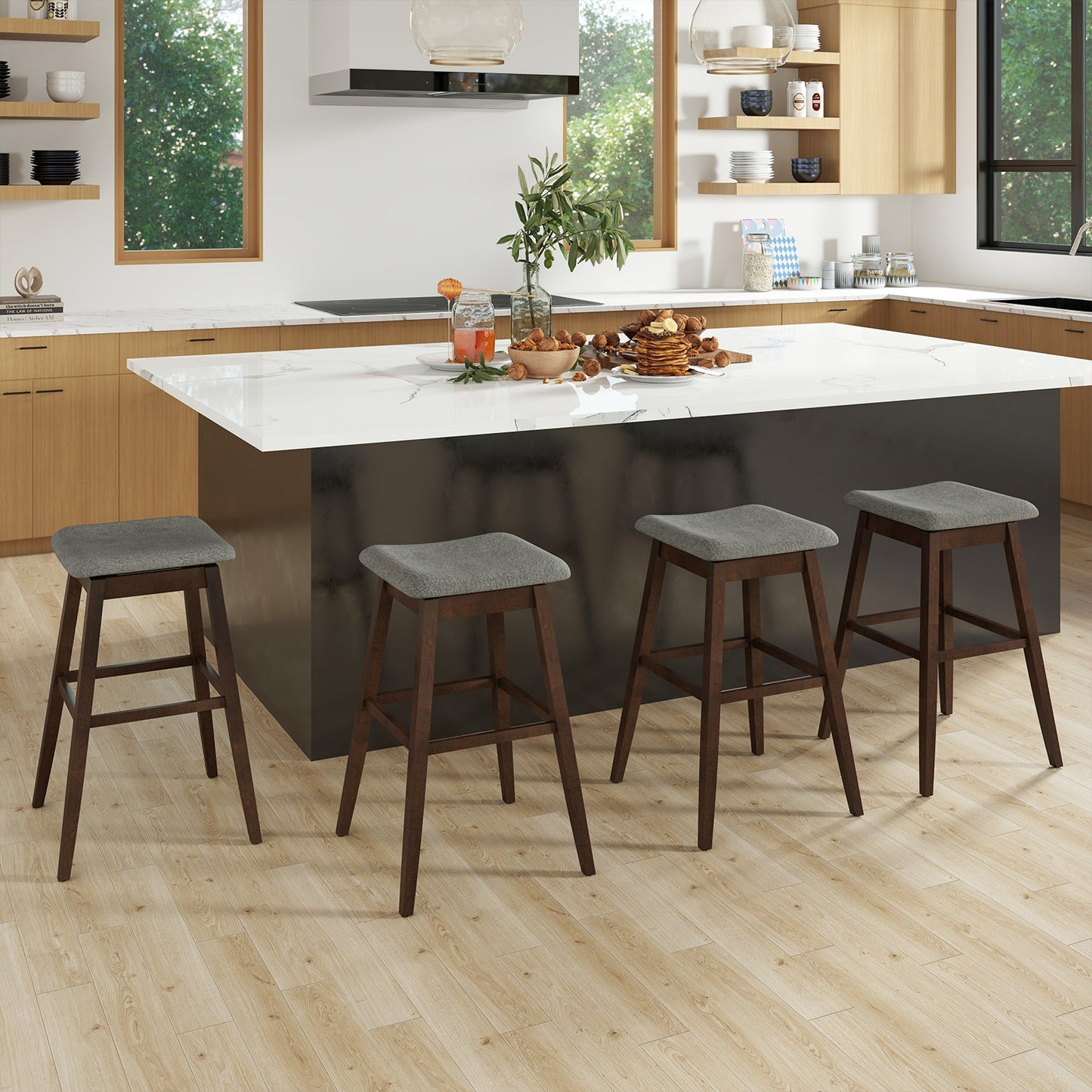 Modern Swivel Bar Stools with Rubber Wood Legs and Built In Footrest Set of 2