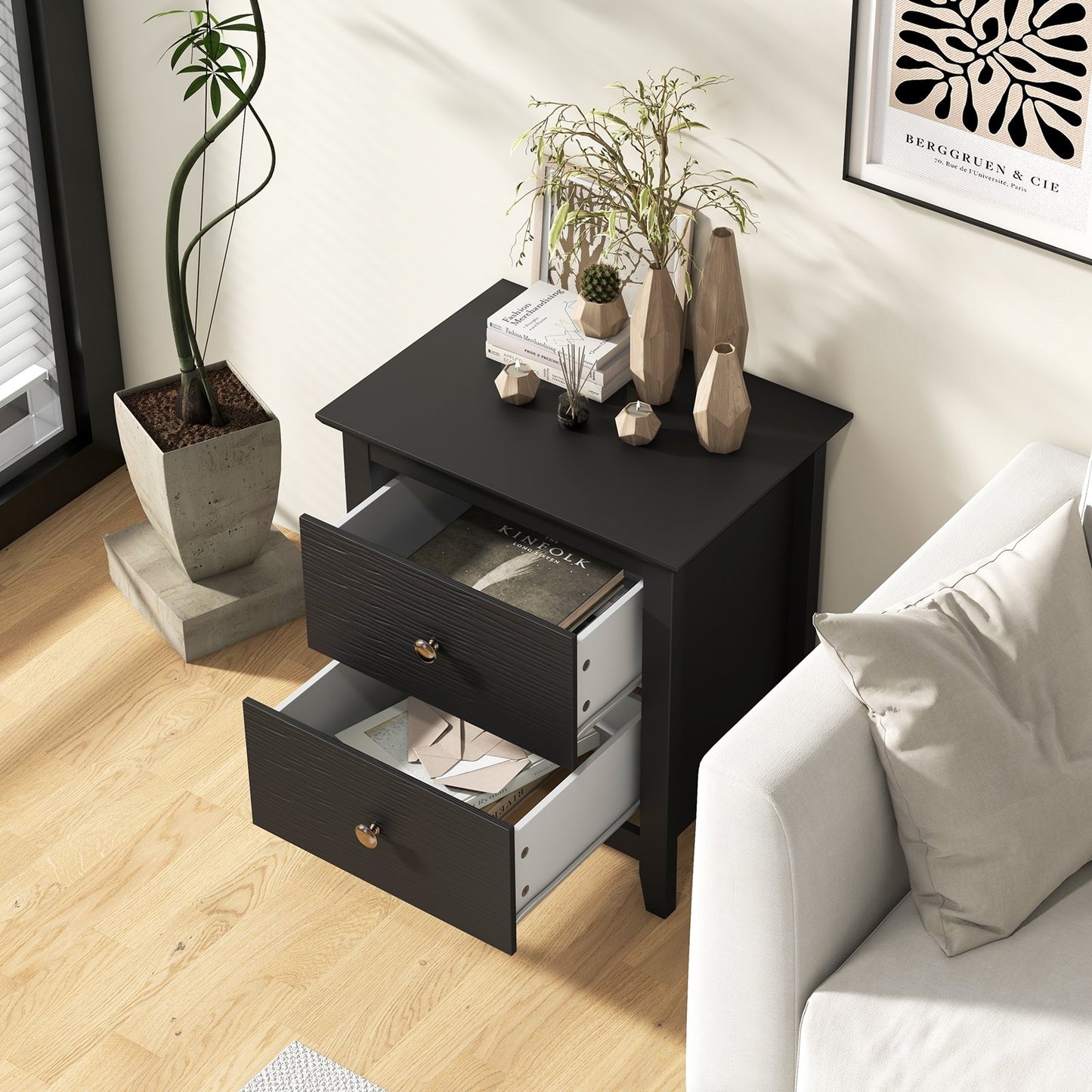 Compact 2 Drawer Nightstand for Small Spaces with Sleek Modern Design in Black