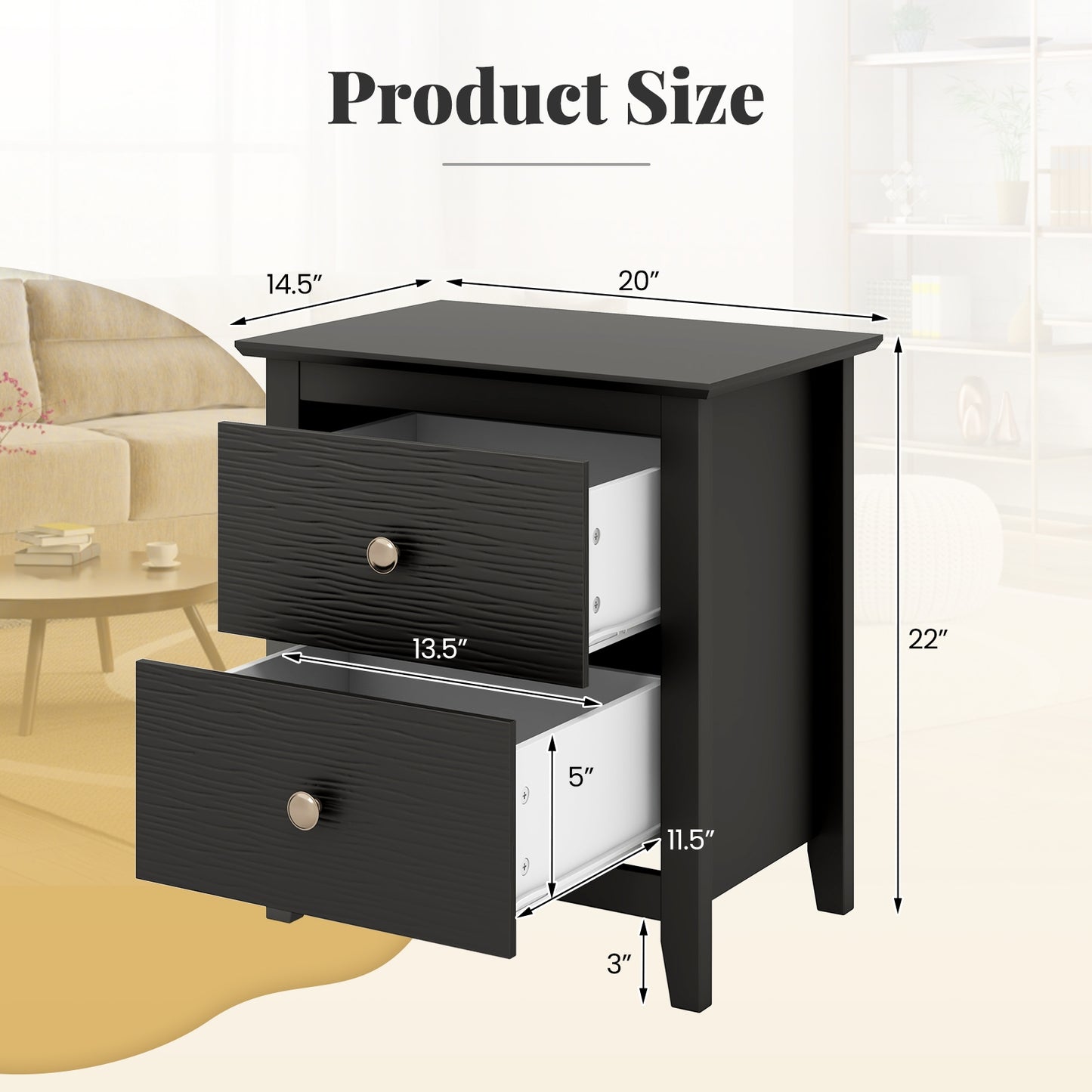 Compact 2 Drawer Nightstand for Small Spaces with Sleek Modern Design in Black
