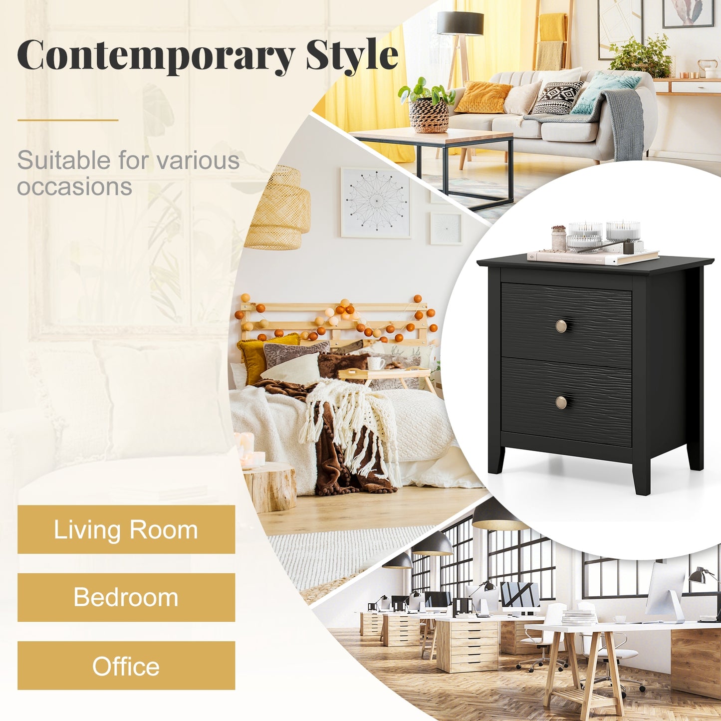 Compact 2 Drawer Nightstand for Small Spaces with Sleek Modern Design in Black