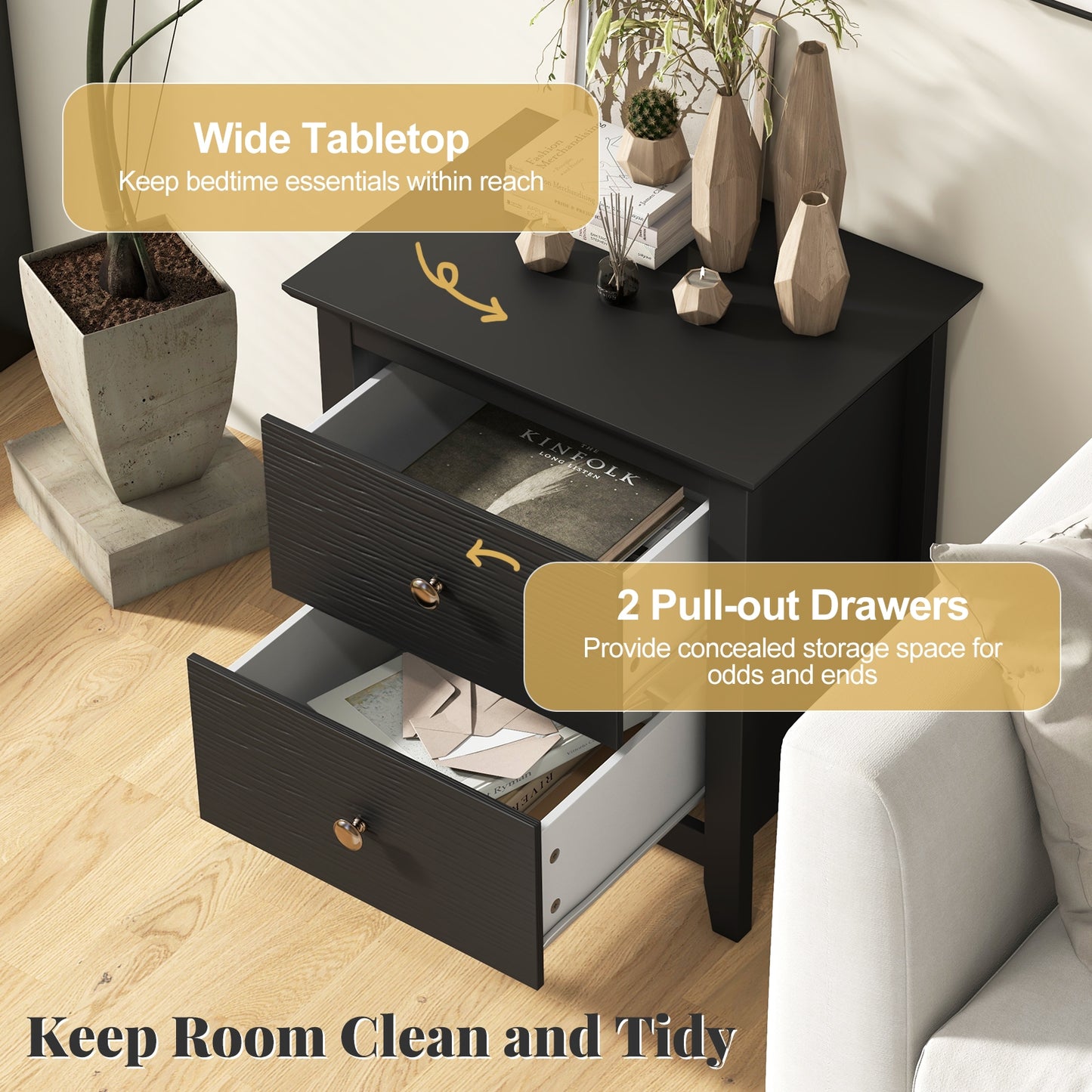 Compact 2 Drawer Nightstand for Small Spaces with Sleek Modern Design in Black