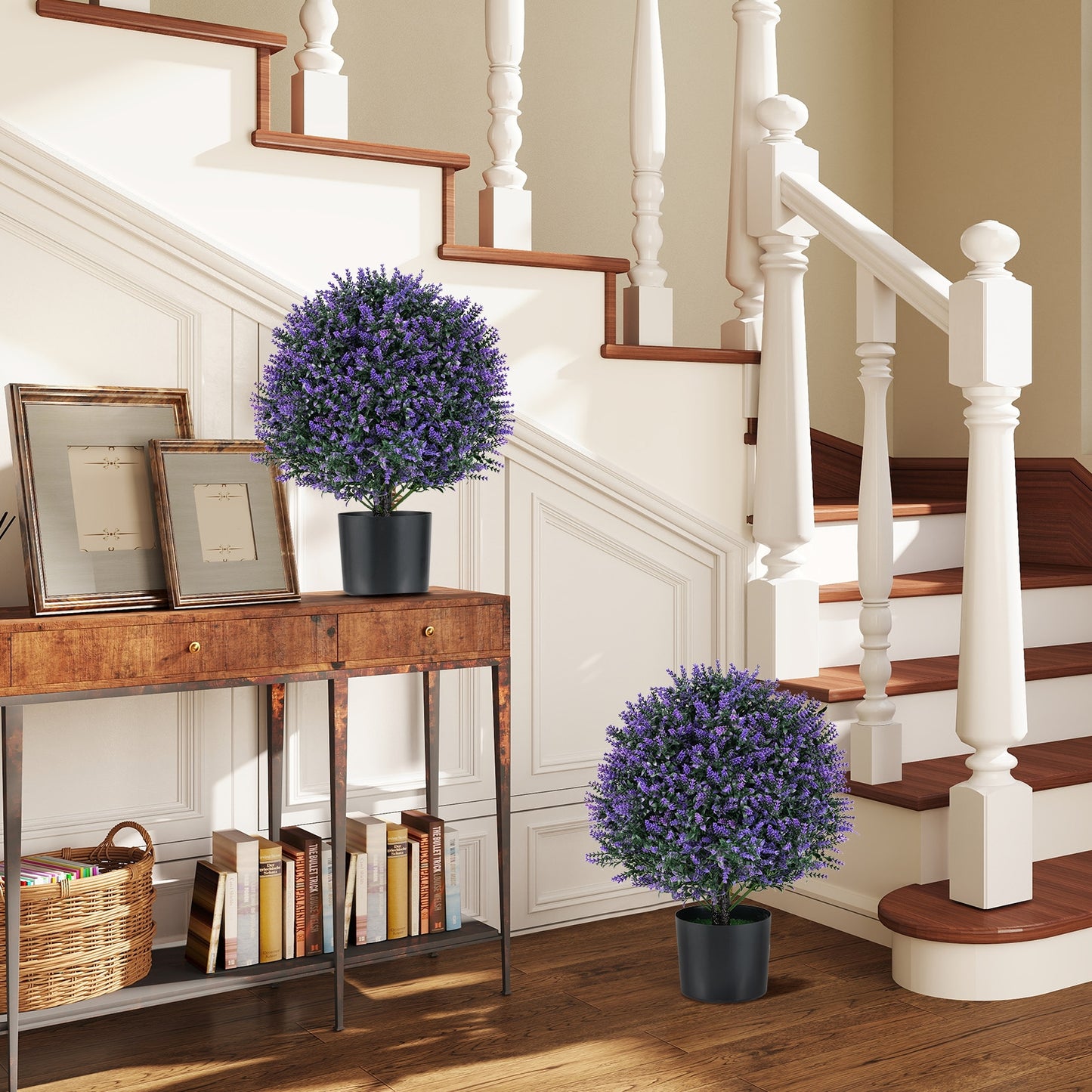 Set of 2 Artificial Lavender Topiary Ball Trees with Faux Flowers