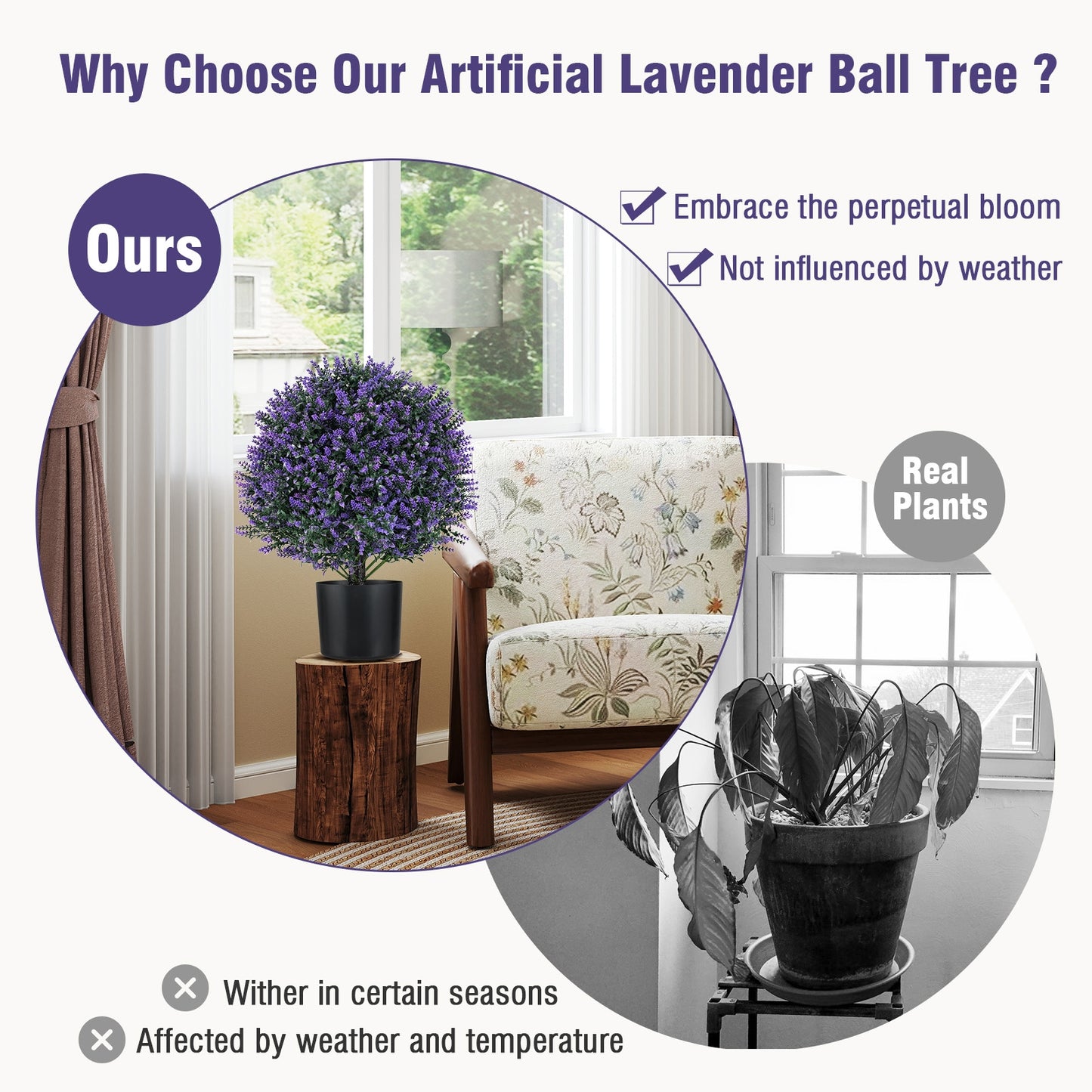 Set of 2 Artificial Lavender Topiary Ball Trees with Faux Flowers