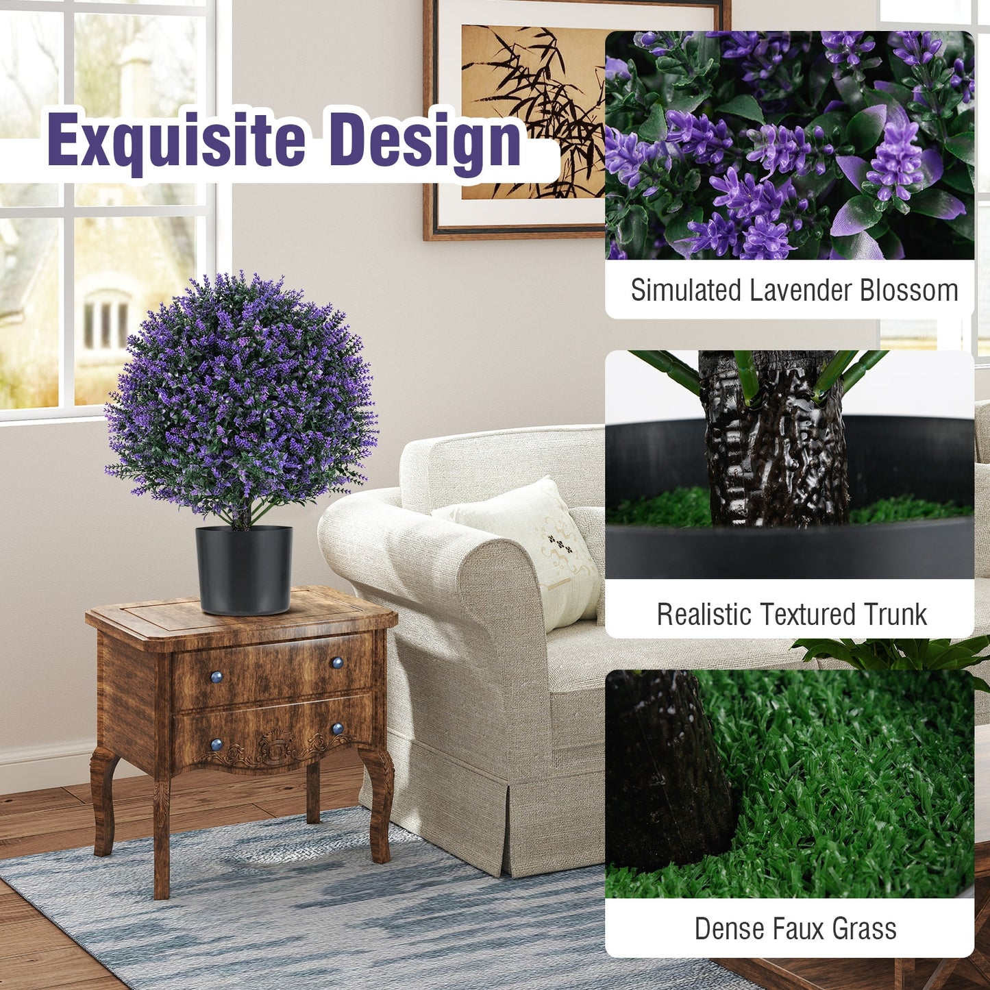 Set of 2 Artificial Lavender Topiary Ball Trees with Faux Flowers