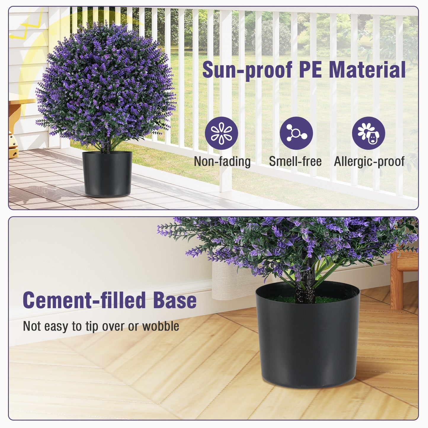 Set of 2 Artificial Lavender Topiary Ball Trees with Faux Flowers