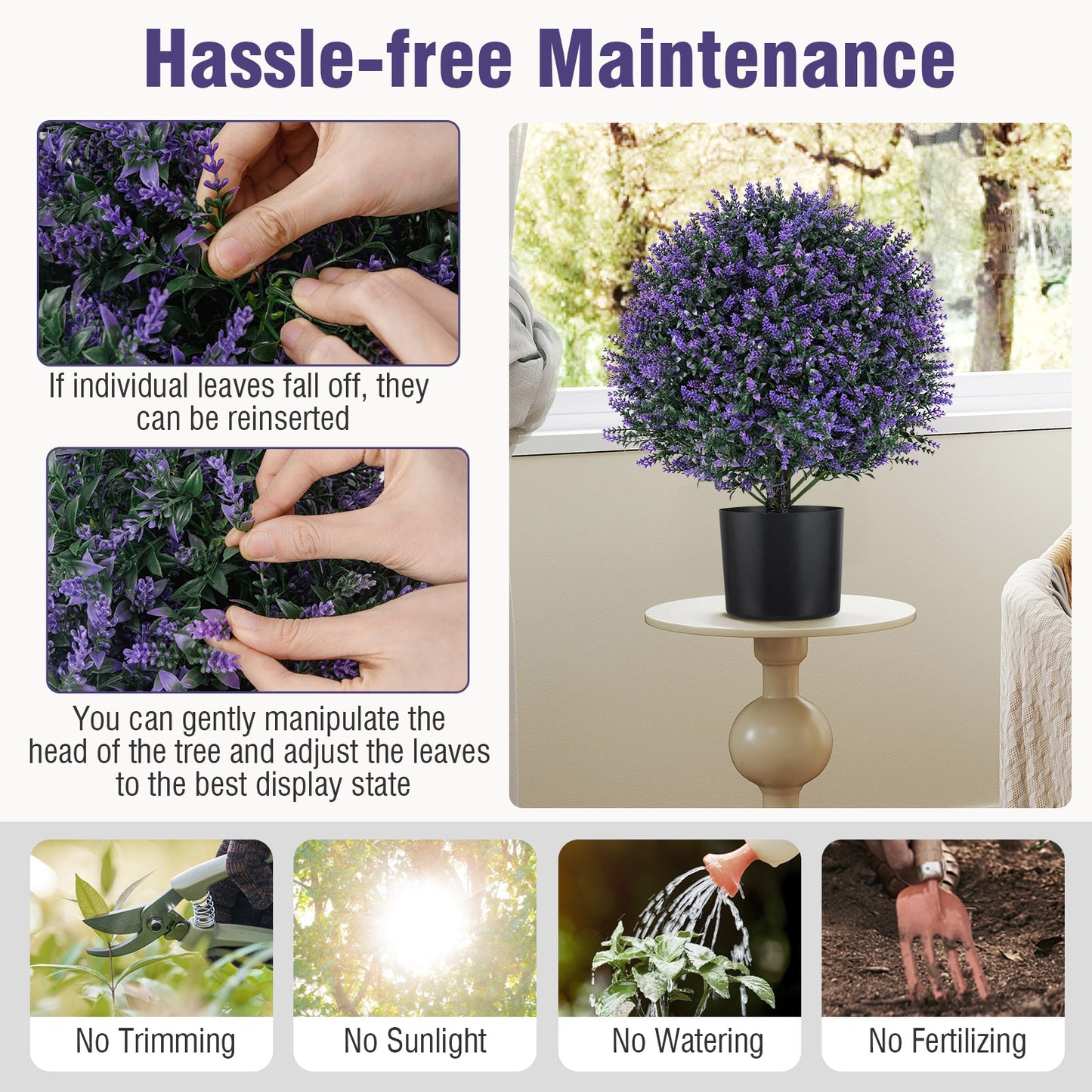 Set of 2 Artificial Lavender Topiary Ball Trees with Faux Flowers