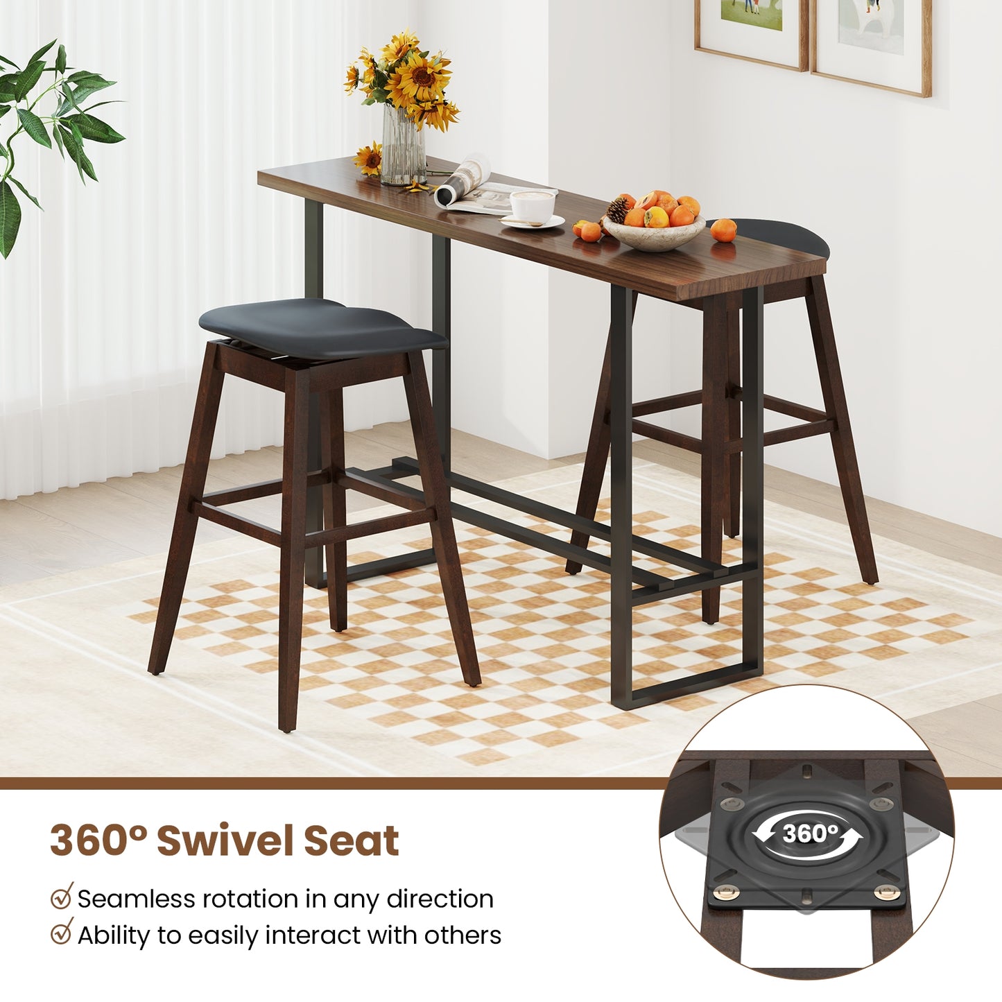 Modern Swivel Bar Stools with Contoured Cushioned Seats and Footrests Set of 2