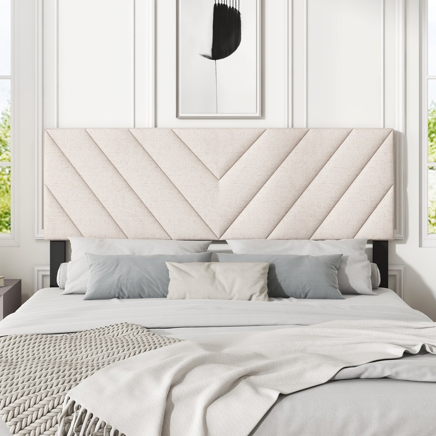 Adjustable Linen Upholstered Headboard for Full & Queen Size Beds - Beige