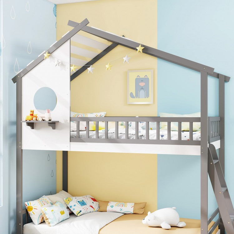 House-Shaped Twin Over Twin Bunk Bed with Roof, Guardrails, and Interactive Window for Kids