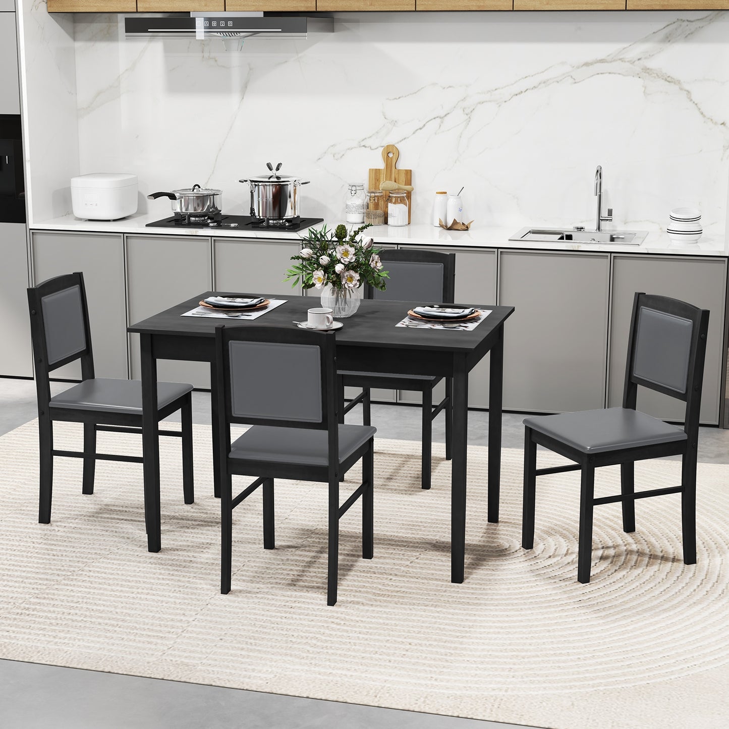 5 Piece Wooden Dining Set with Padded Chairs and Rectangular Table for Small Spaces - Grey