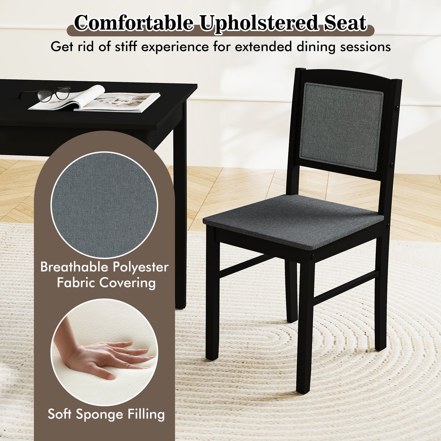 5 Piece Wooden Dining Set with Padded Chairs and Rectangular Table for Small Spaces - Grey