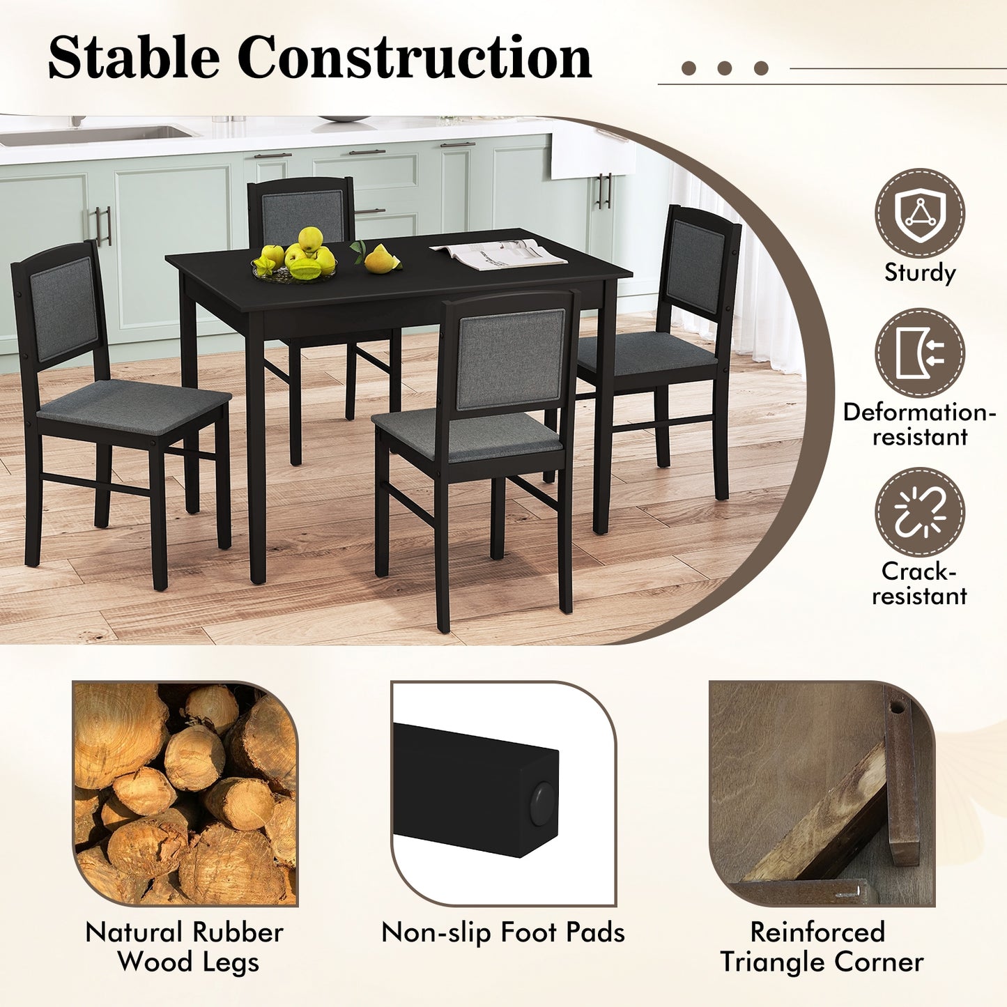 5 Piece Wooden Dining Set with Padded Chairs and Rectangular Table for Small Spaces - Grey