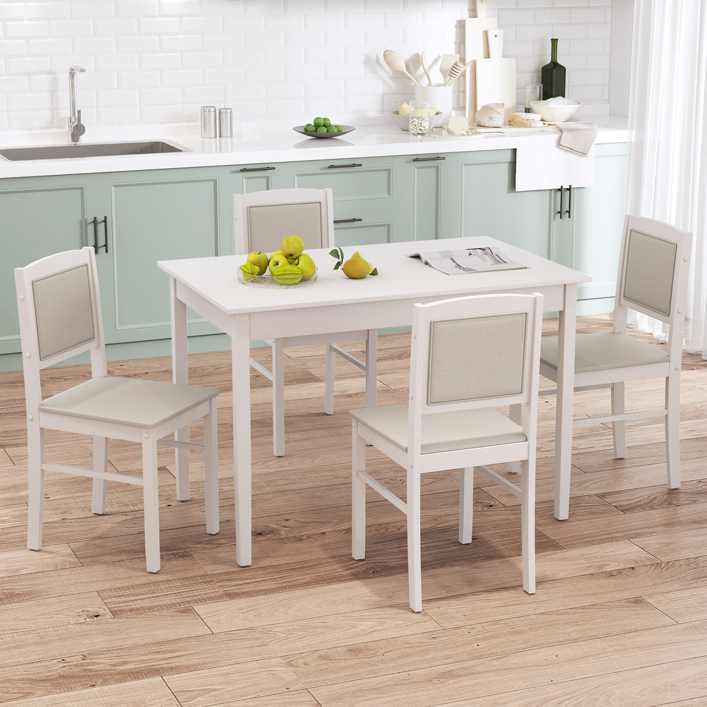 5 Piece Wooden Dining Set with Padded Chairs and Rectangular Table for Small Spaces - Beige