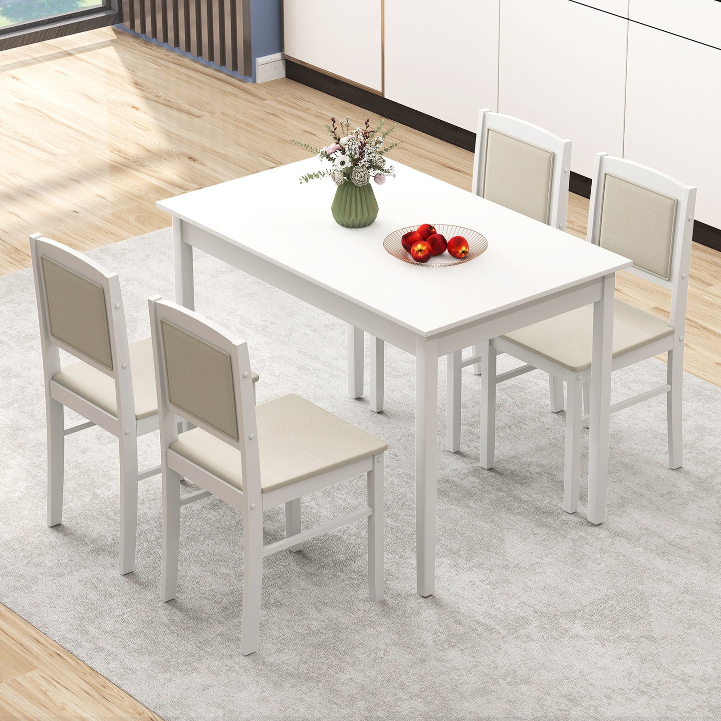 5 Piece Wooden Dining Set with Padded Chairs and Rectangular Table for Small Spaces - Beige