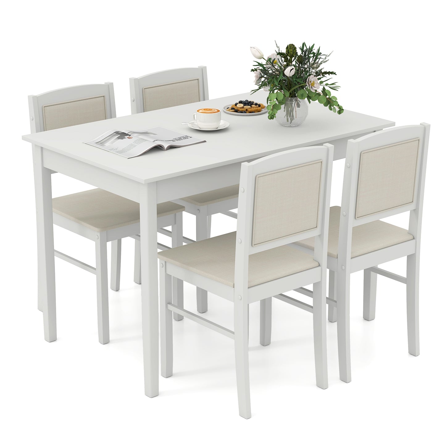 5 Piece Wooden Dining Set with Padded Chairs and Rectangular Table for Small Spaces - Beige