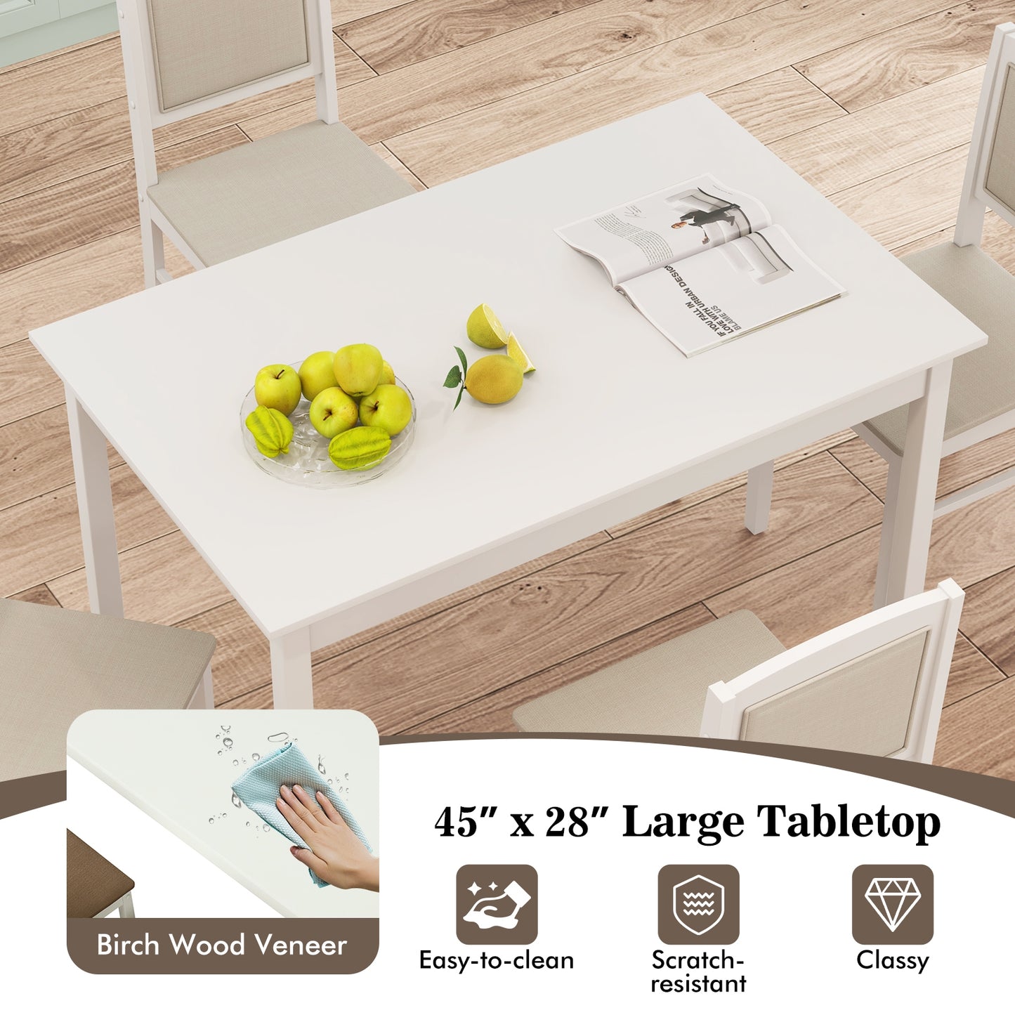 5 Piece Wooden Dining Set with Padded Chairs and Rectangular Table for Small Spaces - Beige