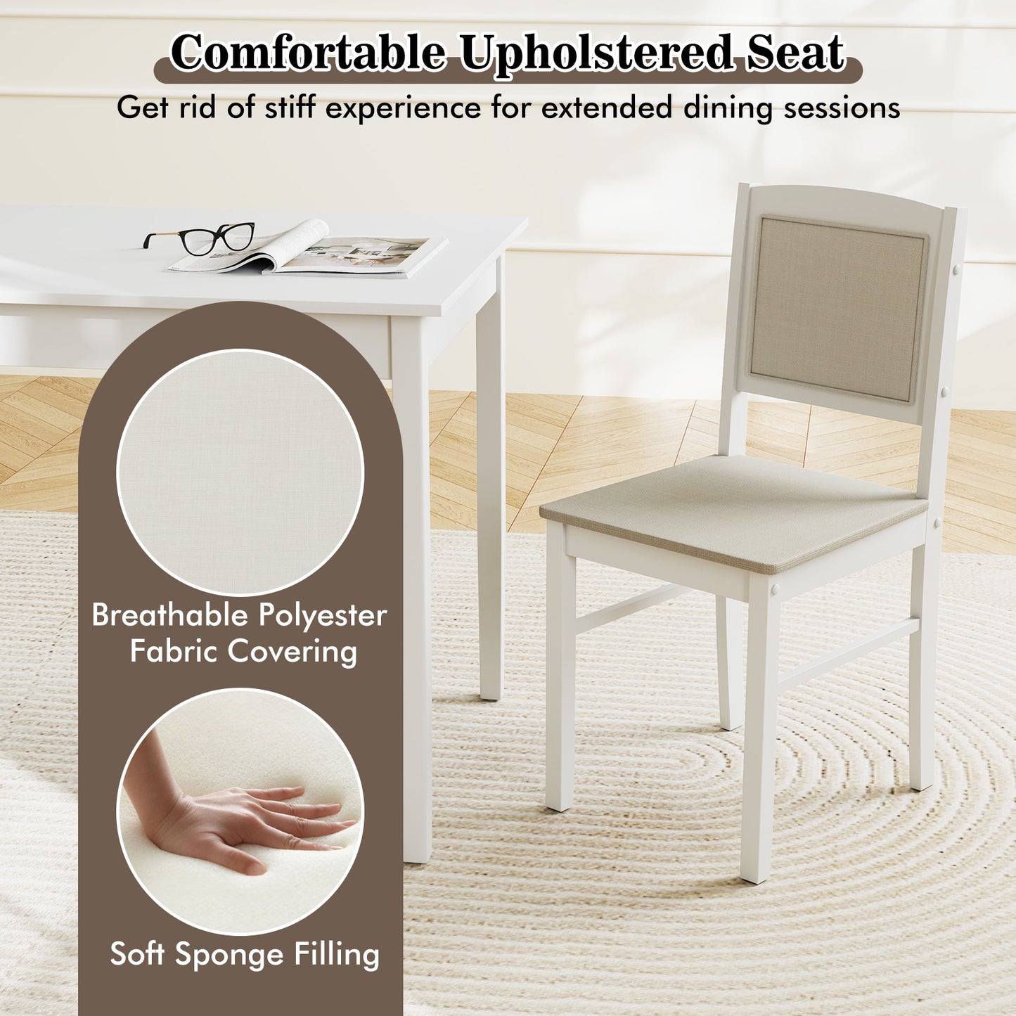5 Piece Wooden Dining Set with Padded Chairs and Rectangular Table for Small Spaces - Beige