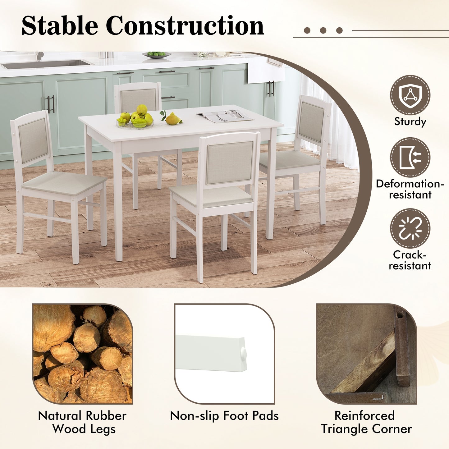 5 Piece Wooden Dining Set with Padded Chairs and Rectangular Table for Small Spaces - Beige