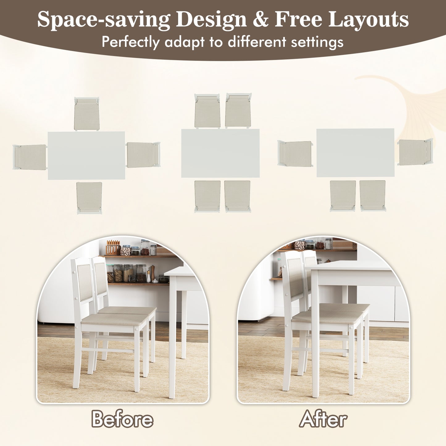 5 Piece Wooden Dining Set with Padded Chairs and Rectangular Table for Small Spaces - Beige