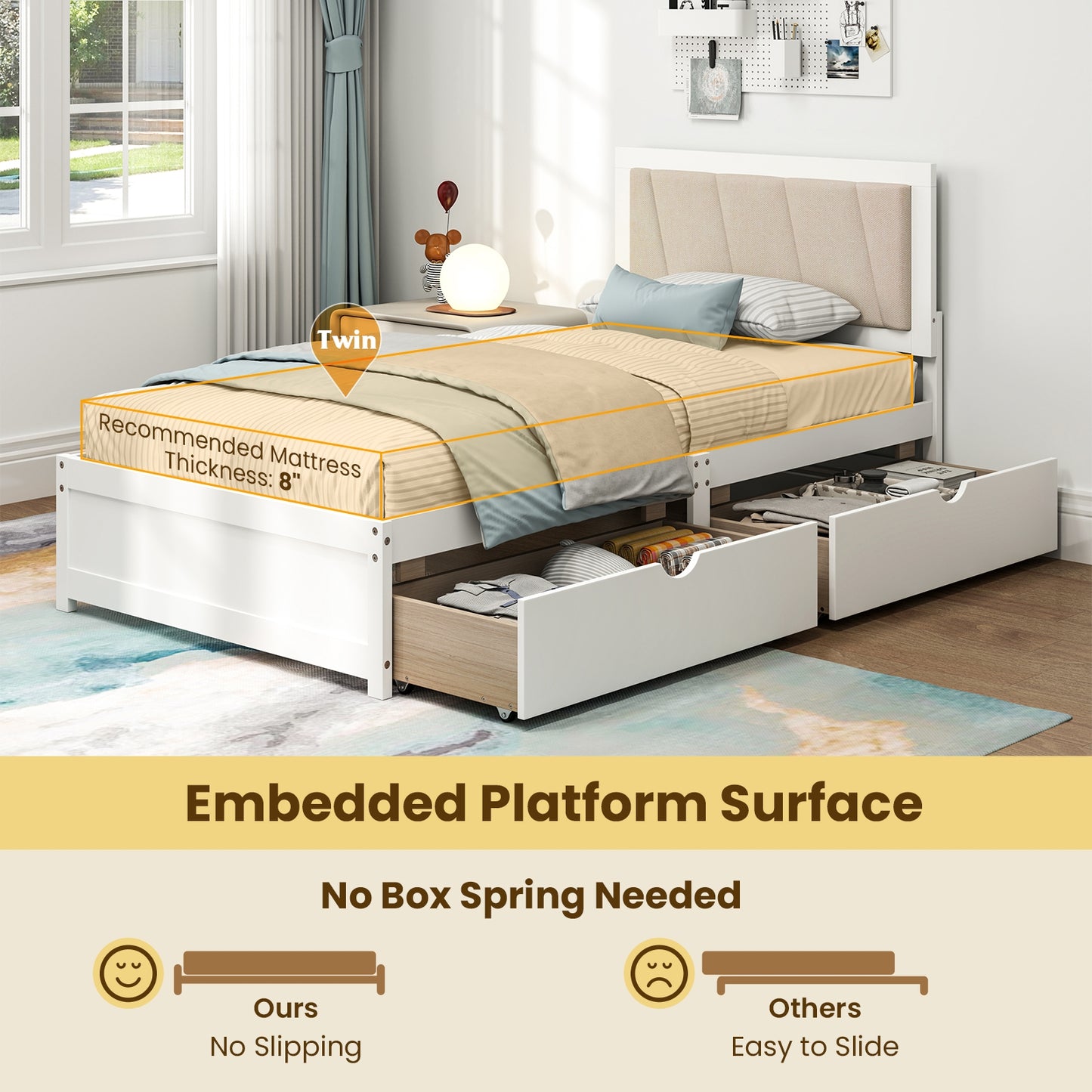 Twin Upholstered Platform Bed with Storage Drawers and Solid Wood Frame