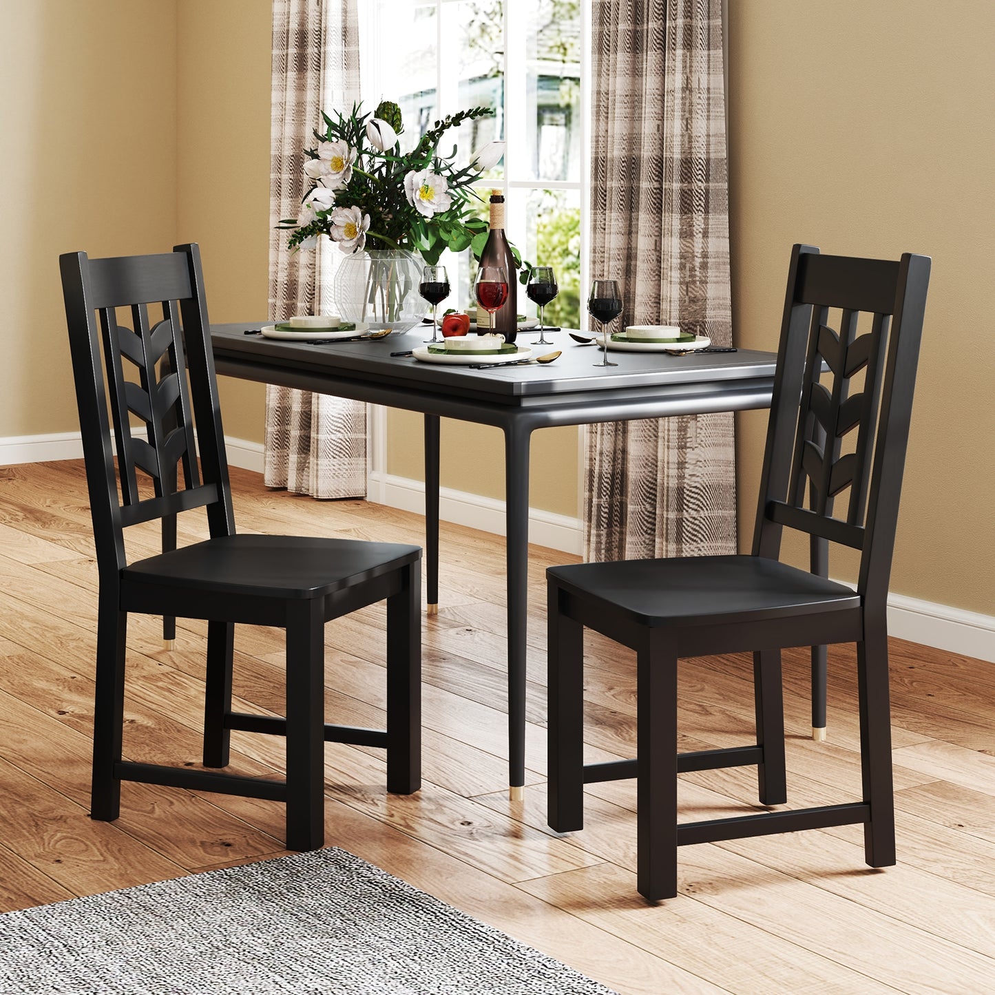 Wooden Dining Chairs with High Backrest and Rubber Wood Frame – Black, Set of 2