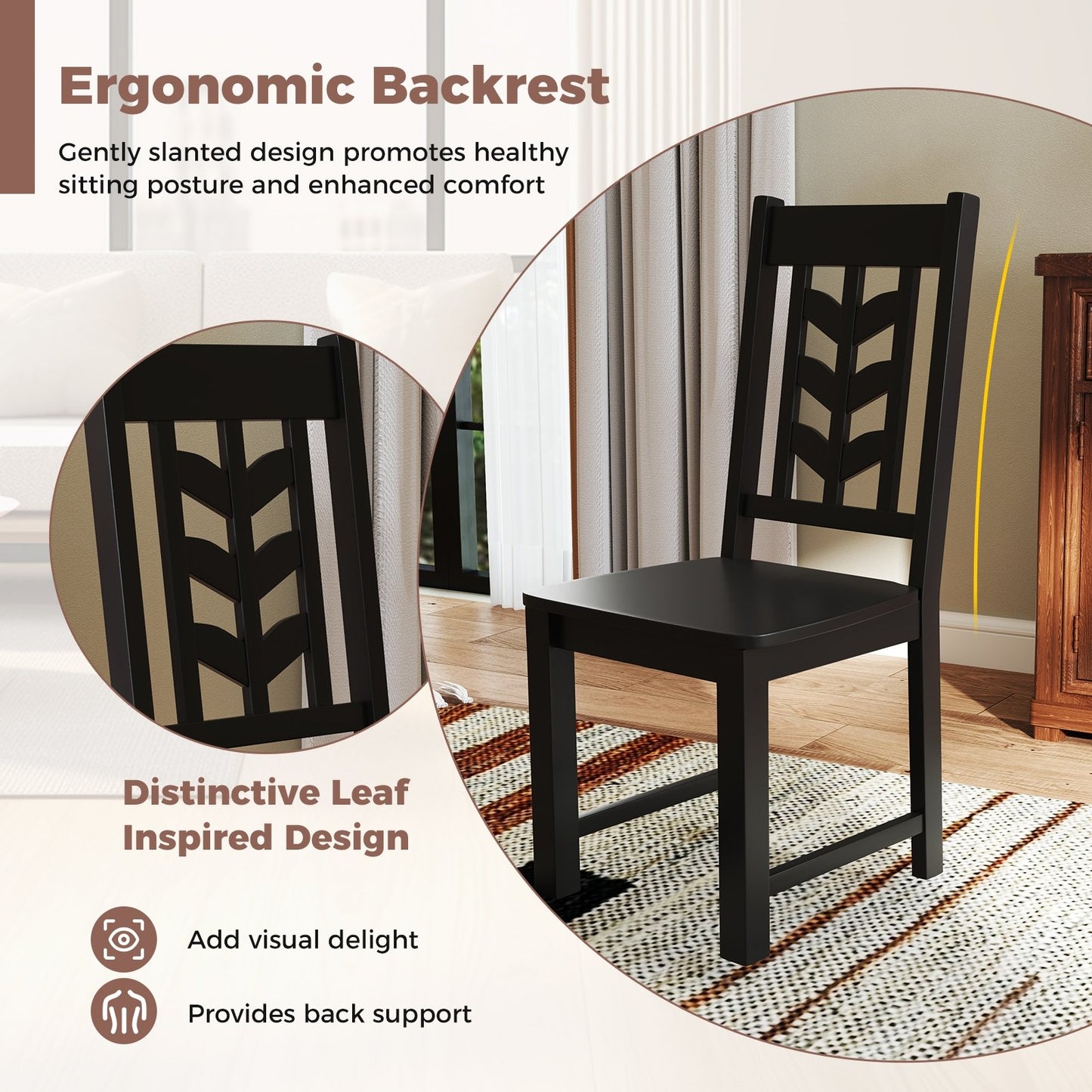 Wooden Dining Chairs with High Backrest and Rubber Wood Frame – Black, Set of 2