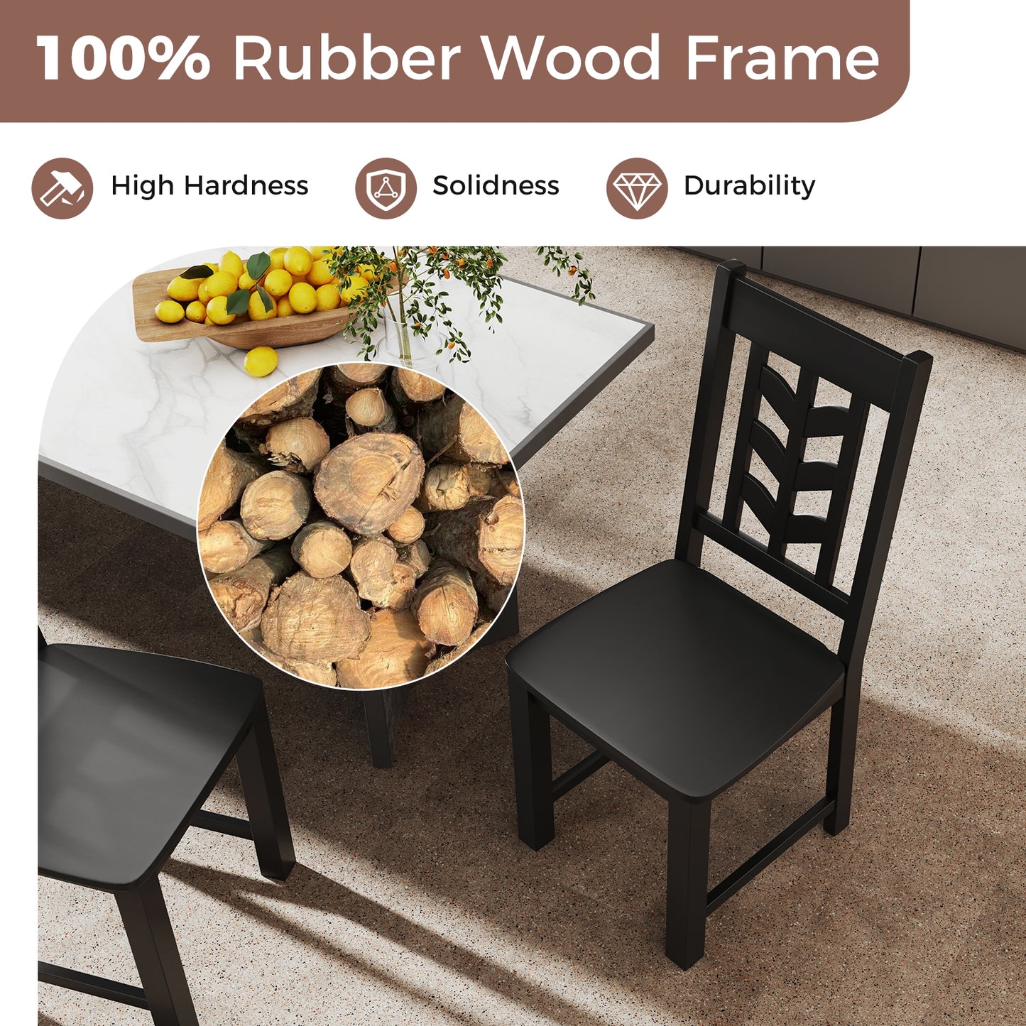 Wooden Dining Chairs with High Backrest and Rubber Wood Frame – Black, Set of 2