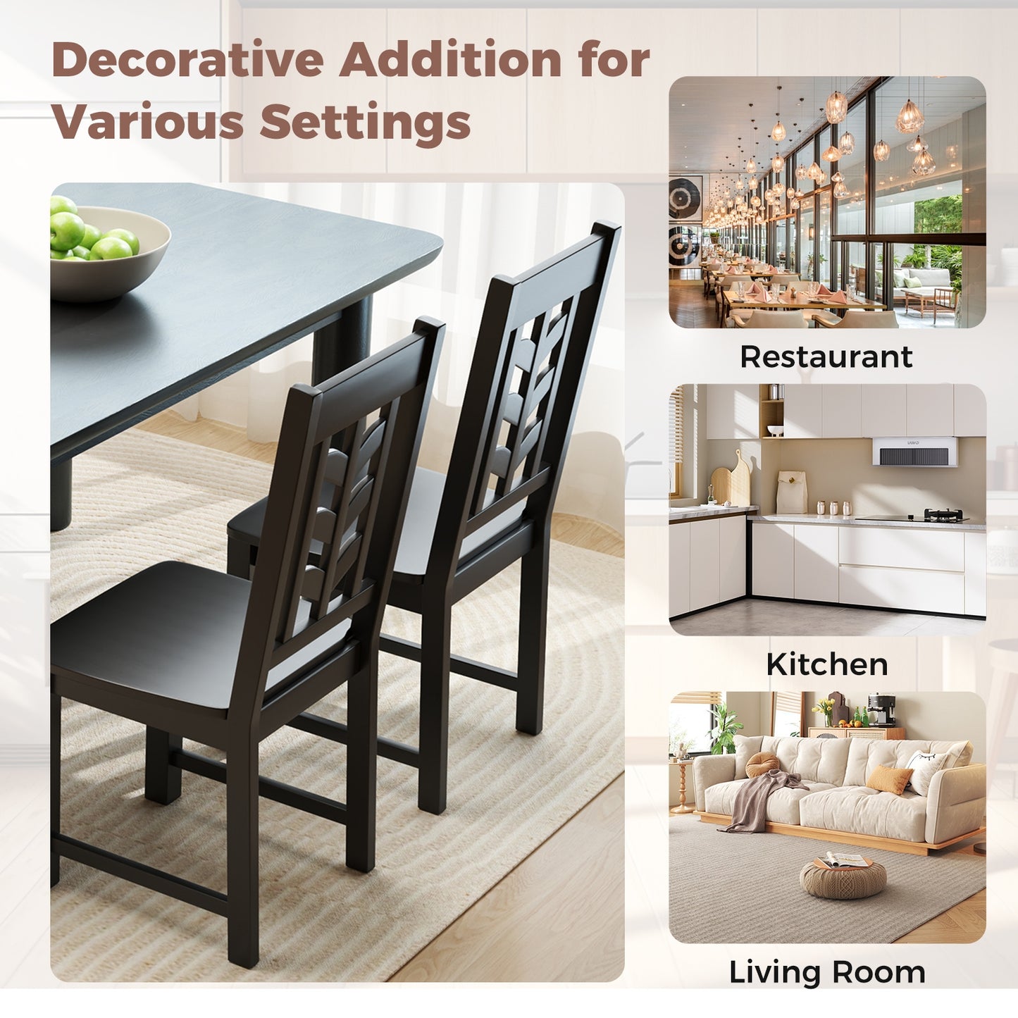 Wooden Dining Chairs with High Backrest and Rubber Wood Frame – Black, Set of 2