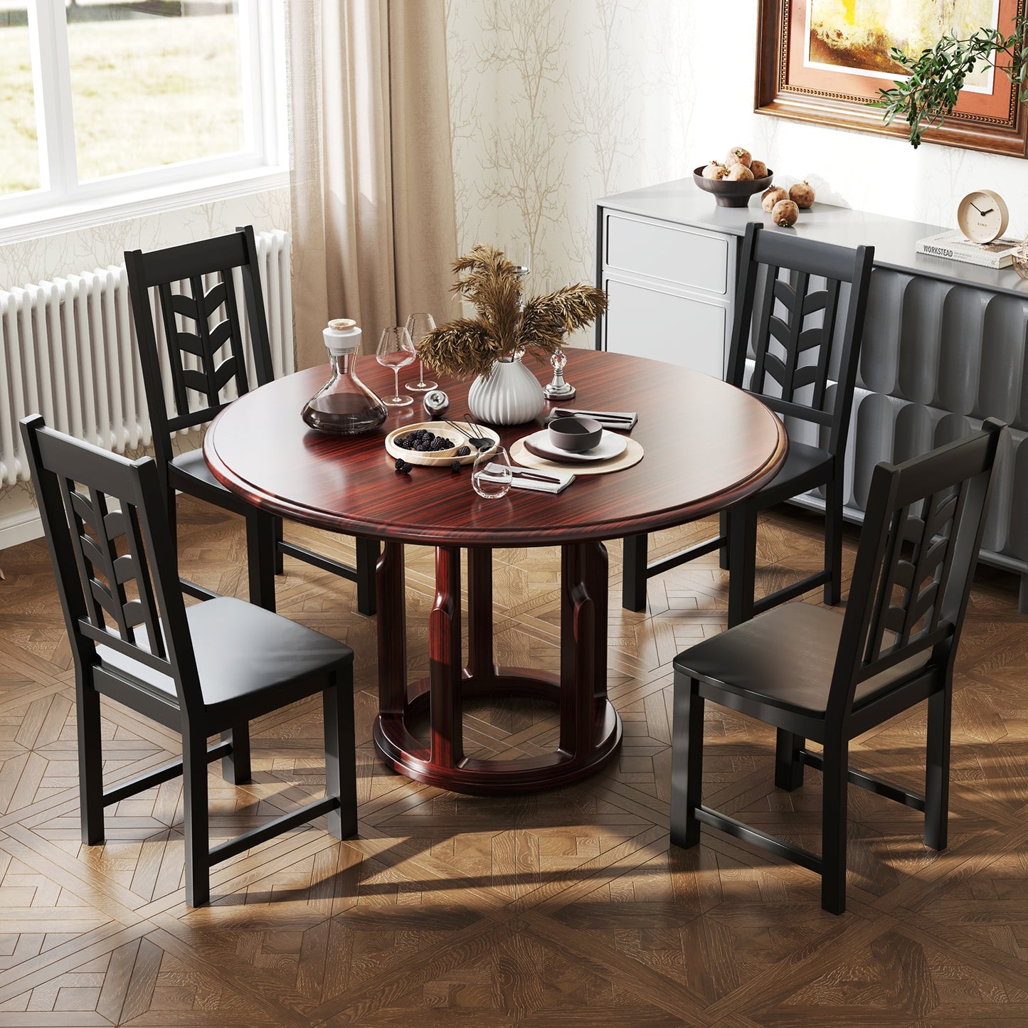 Wooden Dining Chairs with High Backrest and Rubber Wood Frame – Black, Set of 2