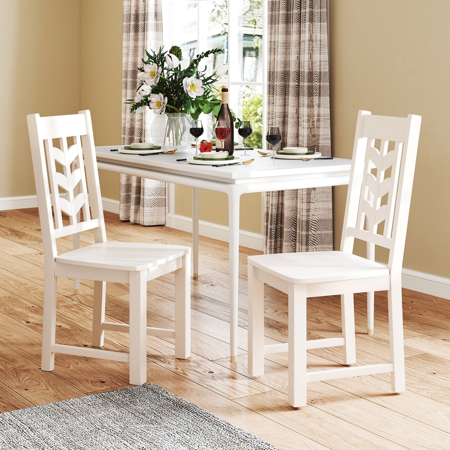 Wooden Dining Chairs with High Backrest and Rubber Wood Frame – White, Set of 2