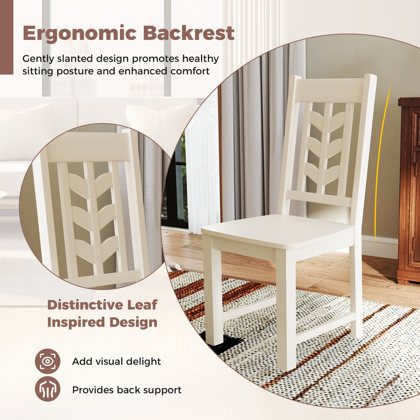 Wooden Dining Chairs with High Backrest and Rubber Wood Frame – White, Set of 2