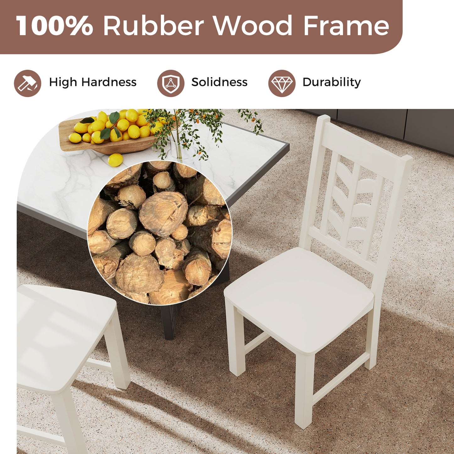 Wooden Dining Chairs with High Backrest and Rubber Wood Frame – White, Set of 2