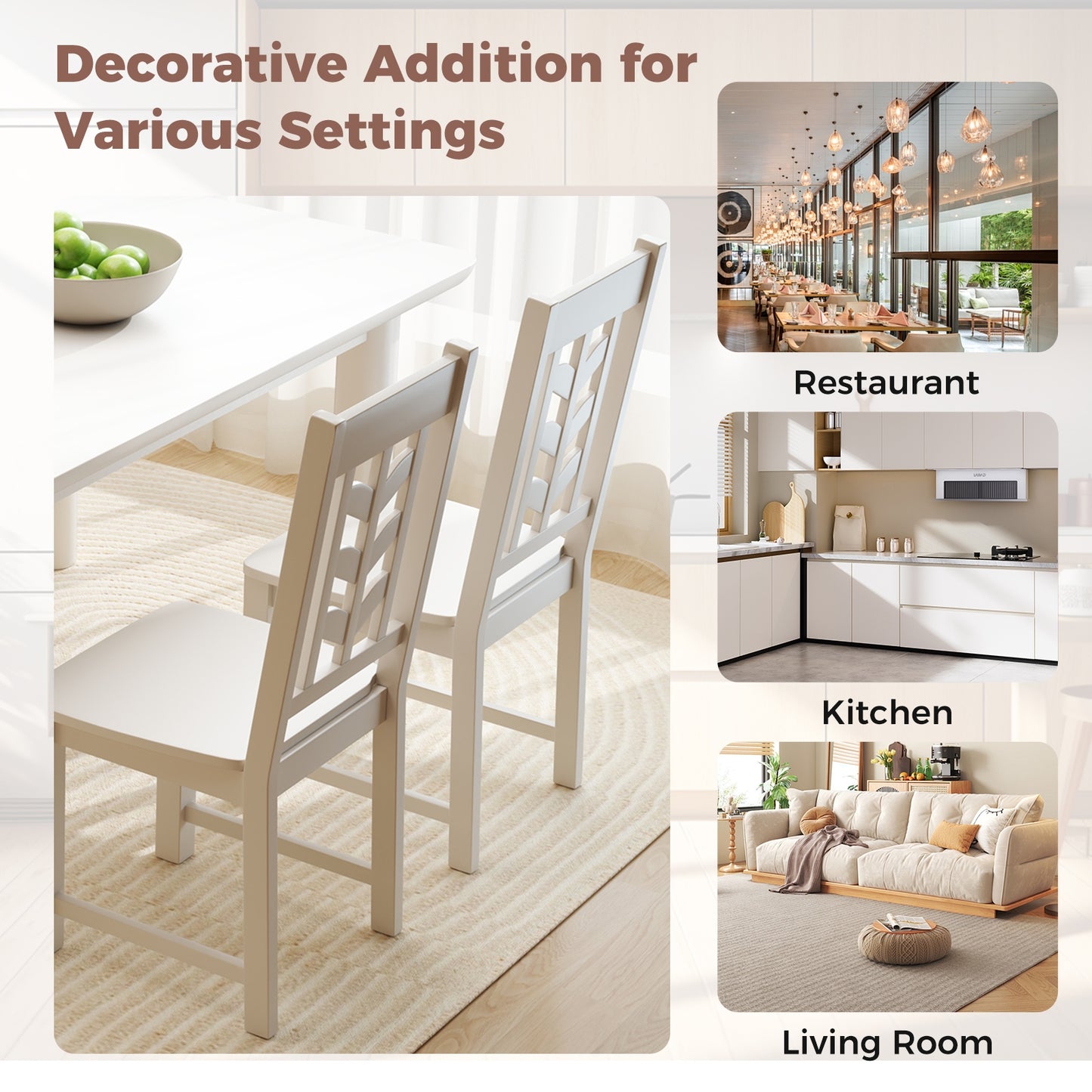 Wooden Dining Chairs with High Backrest and Rubber Wood Frame – White, Set of 2
